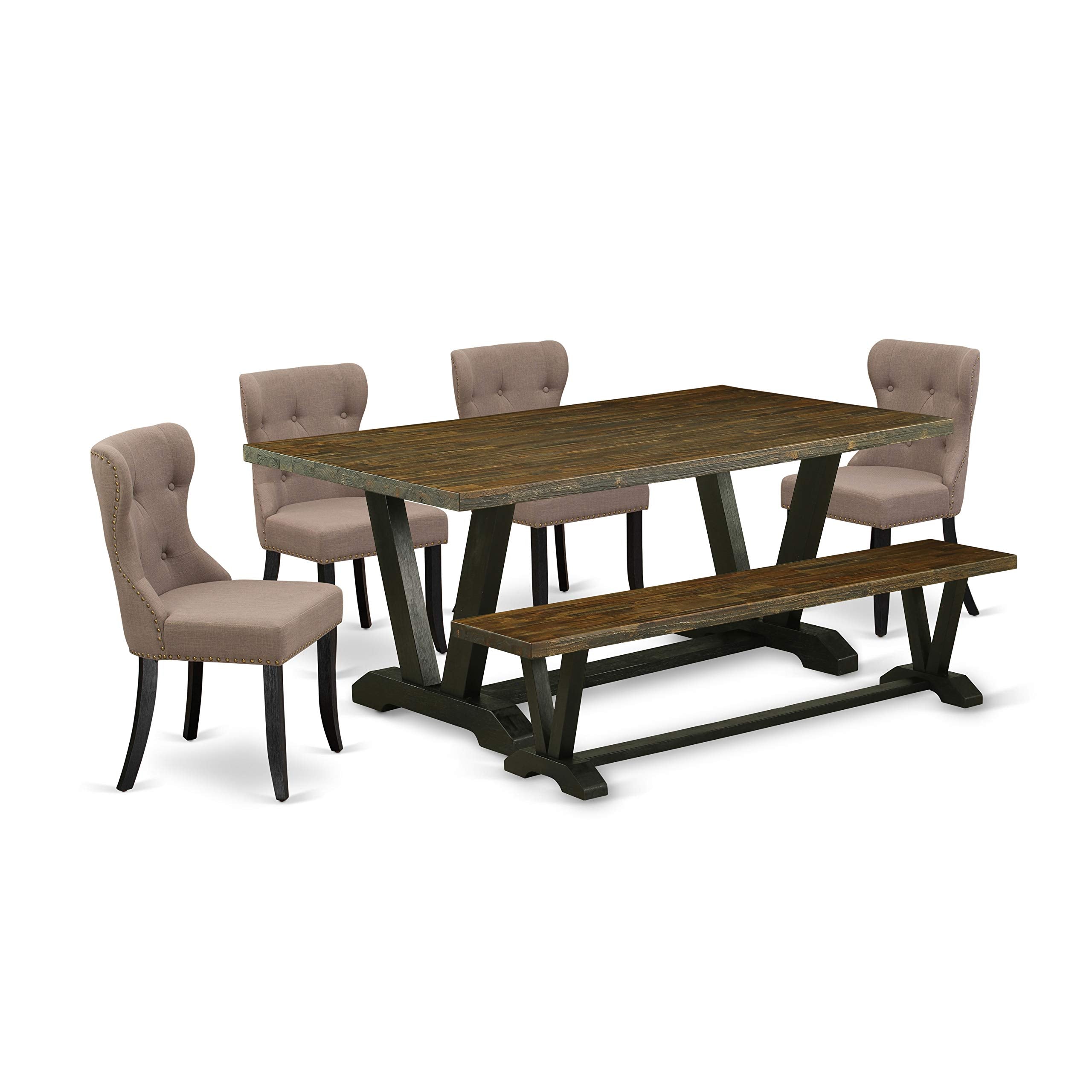 East West Furniture V-Style 6 Piece Set Contains A Rectangle Dining Room Table With V-Legs And 4 Coffee Linen Fabric Parson Chairs With A Bench, 40X72 Inch, Multi-Color