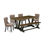 East West Furniture V-Style 6 Piece Set Contains A Rectangle Dining Room Table With V-Legs And 4 Coffee Linen Fabric Parson Chairs With A Bench, 40X72 Inch, Multi-Color