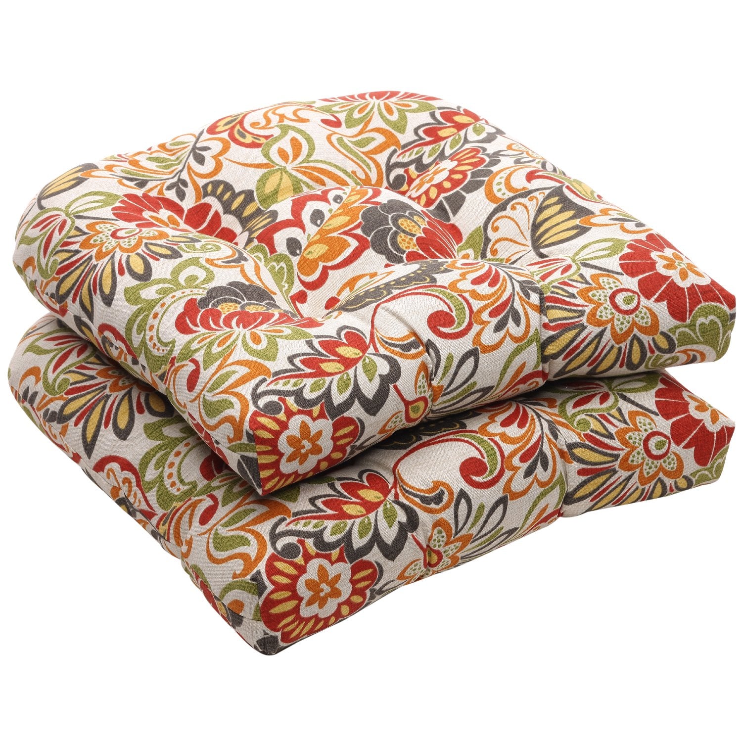 Pillow Perfect Bright Floral Indoor/Outdoor Chair Seat Cushion, Tufted, Weather, And Fade Resistant, 19' X 19', Green/Red Zoe,