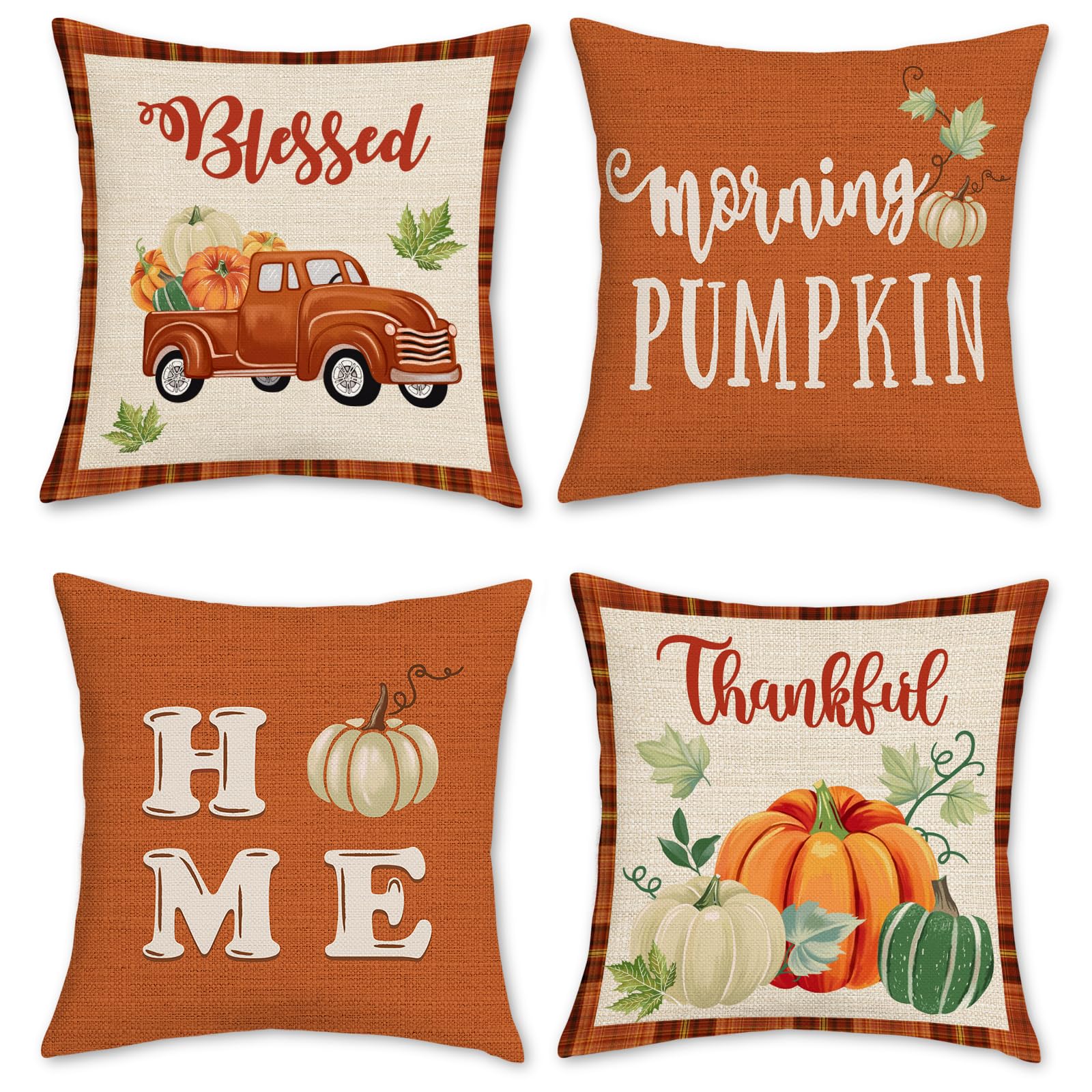 Bonhause Fall Thanksgiving Throw Pillow Covers 18 X 18 Inch Pumpkin Truck Orange Decorative Autumn Pillows Polyester Linen Cushi