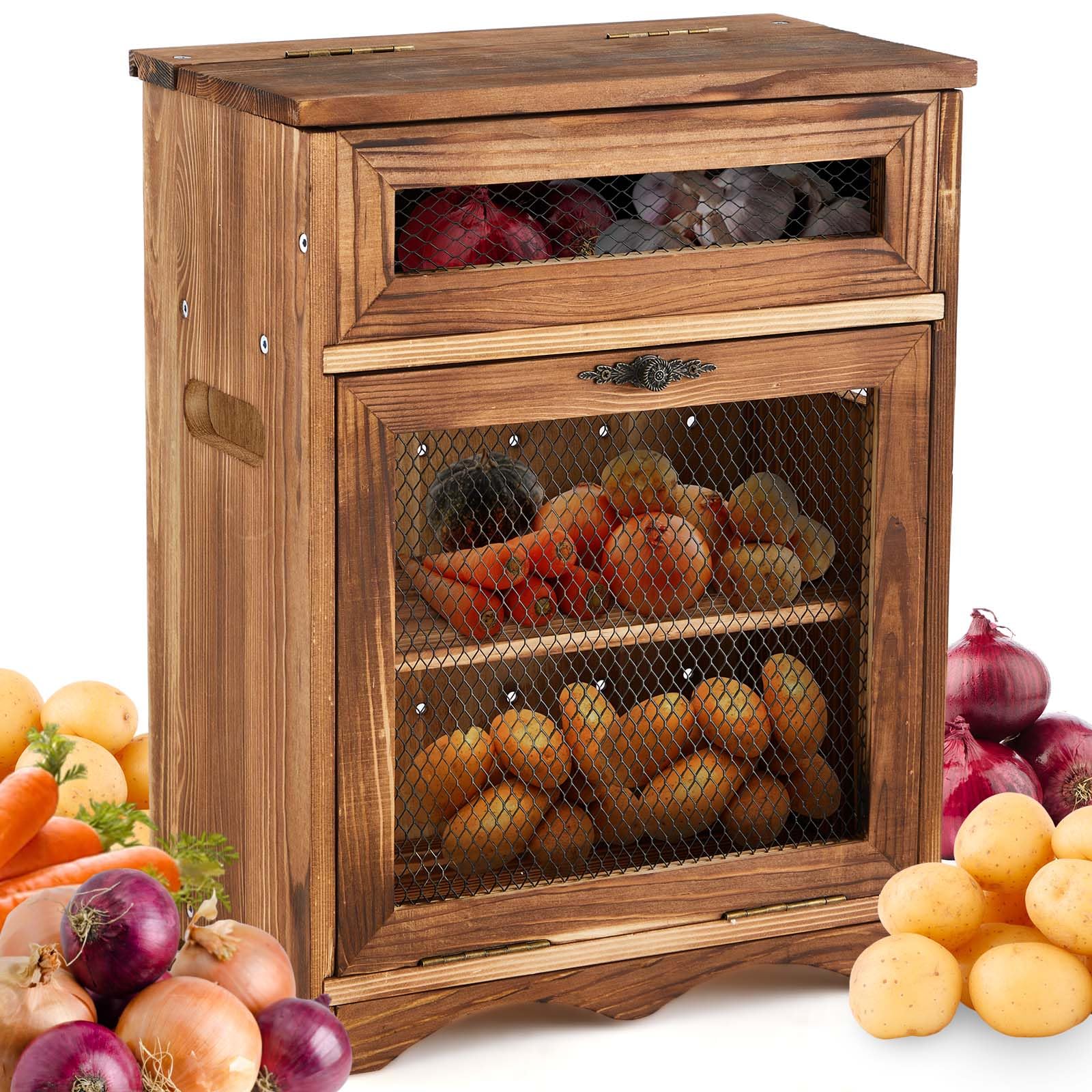 Colingmill Wooden Countertop Storage Cabinet Potato and Onion Bin Box Small Wooden Bread Storage Bins Potato Container with Lid 