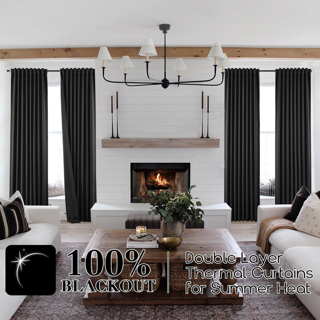 Shineland Black Curtains 96 Inches Long 2 Panel Set For Living Room,Blackout Room Darkening Thermal Back Tab Hooks Rings Pleat 8