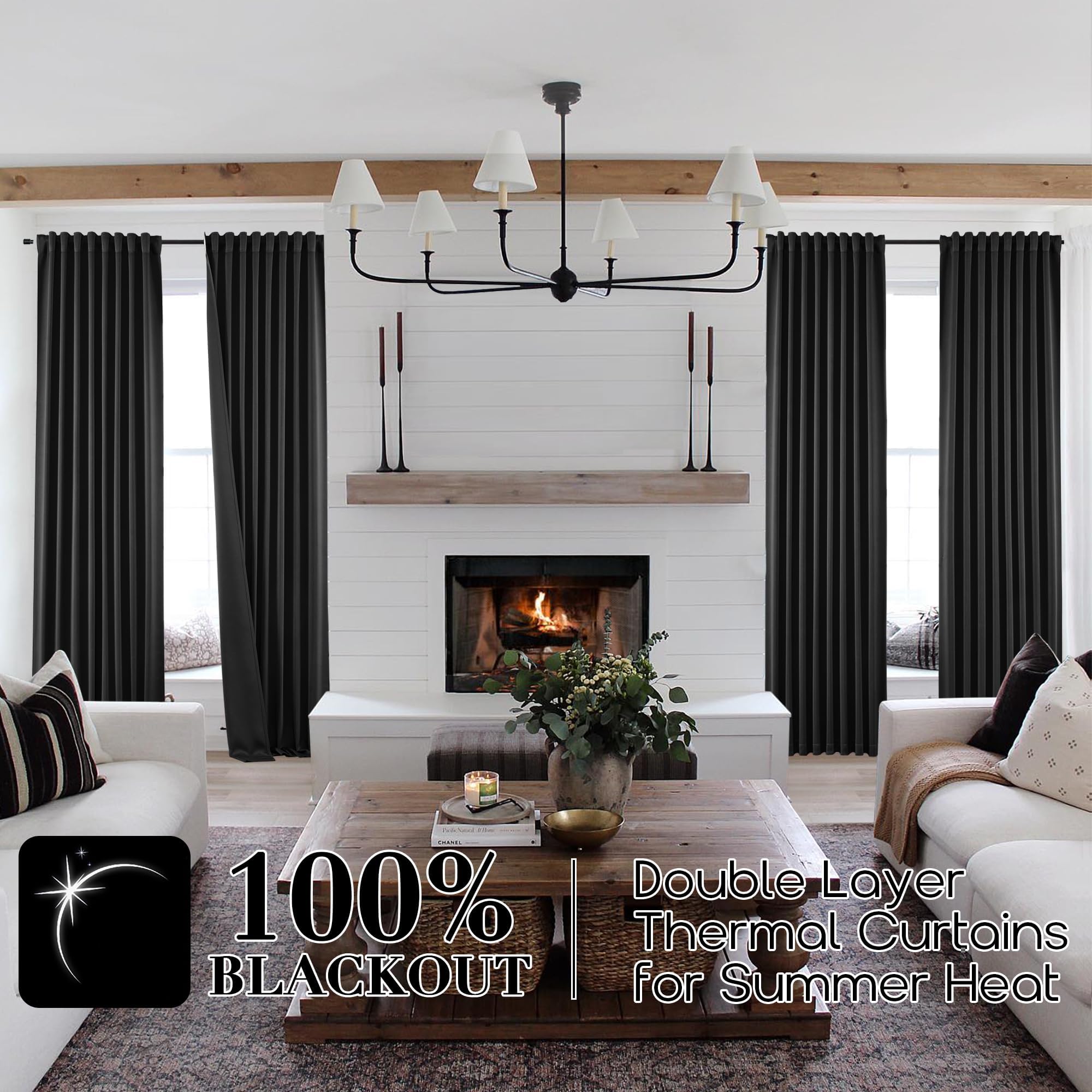 Shineland Black Curtains 96 Inches Long 2 Panel Set For Living Room,Blackout Room Darkening Thermal Back Tab Hooks Rings Pleat 8