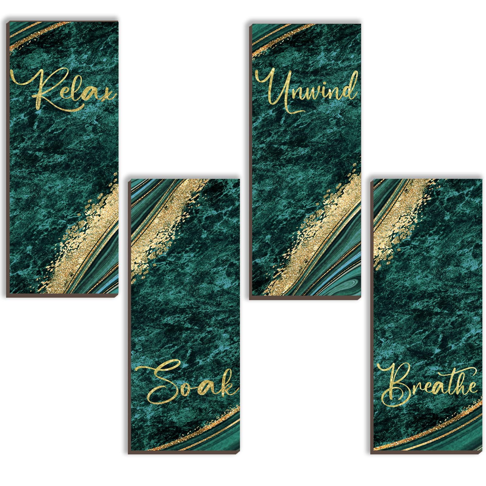 ONIZHITY 4 Pieces Green Gold Bathroom Decor Green Gold Wall Decor with Relax Soak Unwind Breathe Wall Art Rustic Vintage Farmhou
