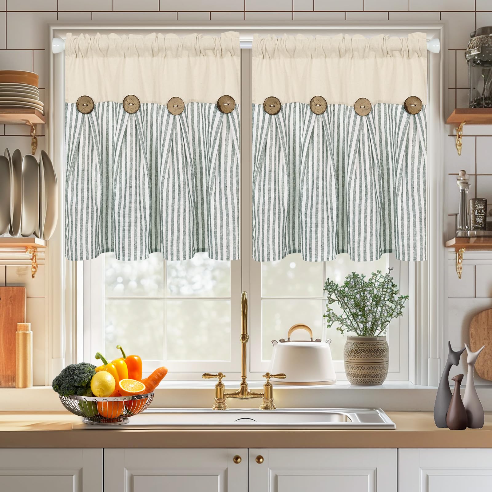 Cotton Linen Farmhouse Kitchen Curtains 36 Inch Boho Rustic Button Tier Curtains Natural/Sage Green Stripe Color Block Curtain R
