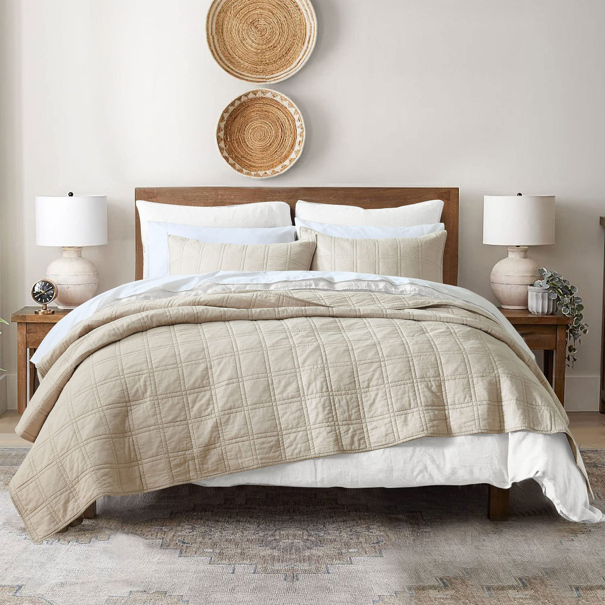100 Cotton Quilt Twin Size Beige Bedspread, Pre-Washed 2-Piece Cozy Lightweight Stitching Decorative Bedding Cover Coverlet Set