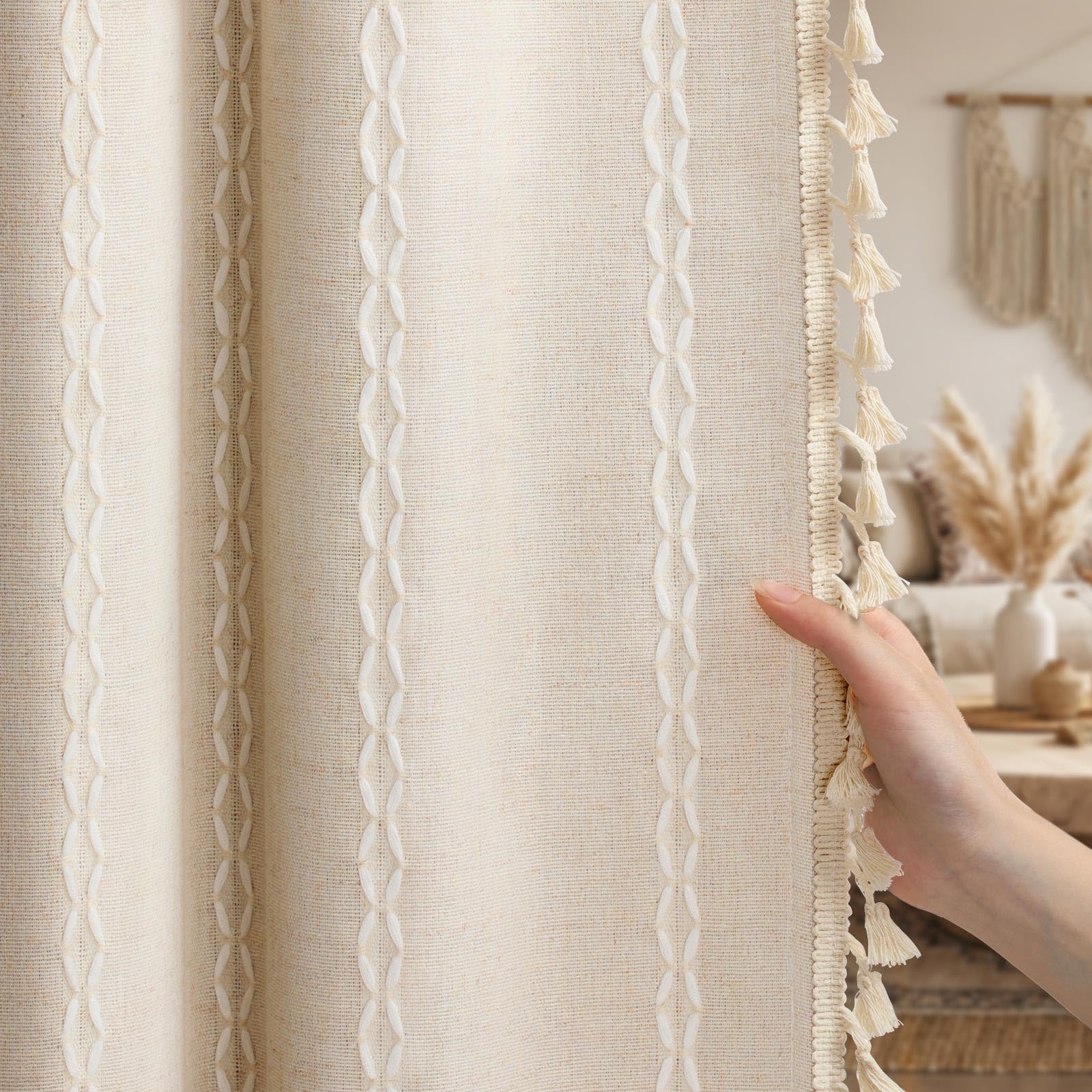 XOGUIBO Boho Light Filtering Curtains 63 Inches Long Beige Linen Blend 2 Panels with Tassels and Cotton Embroidery, Farmhouse Vi