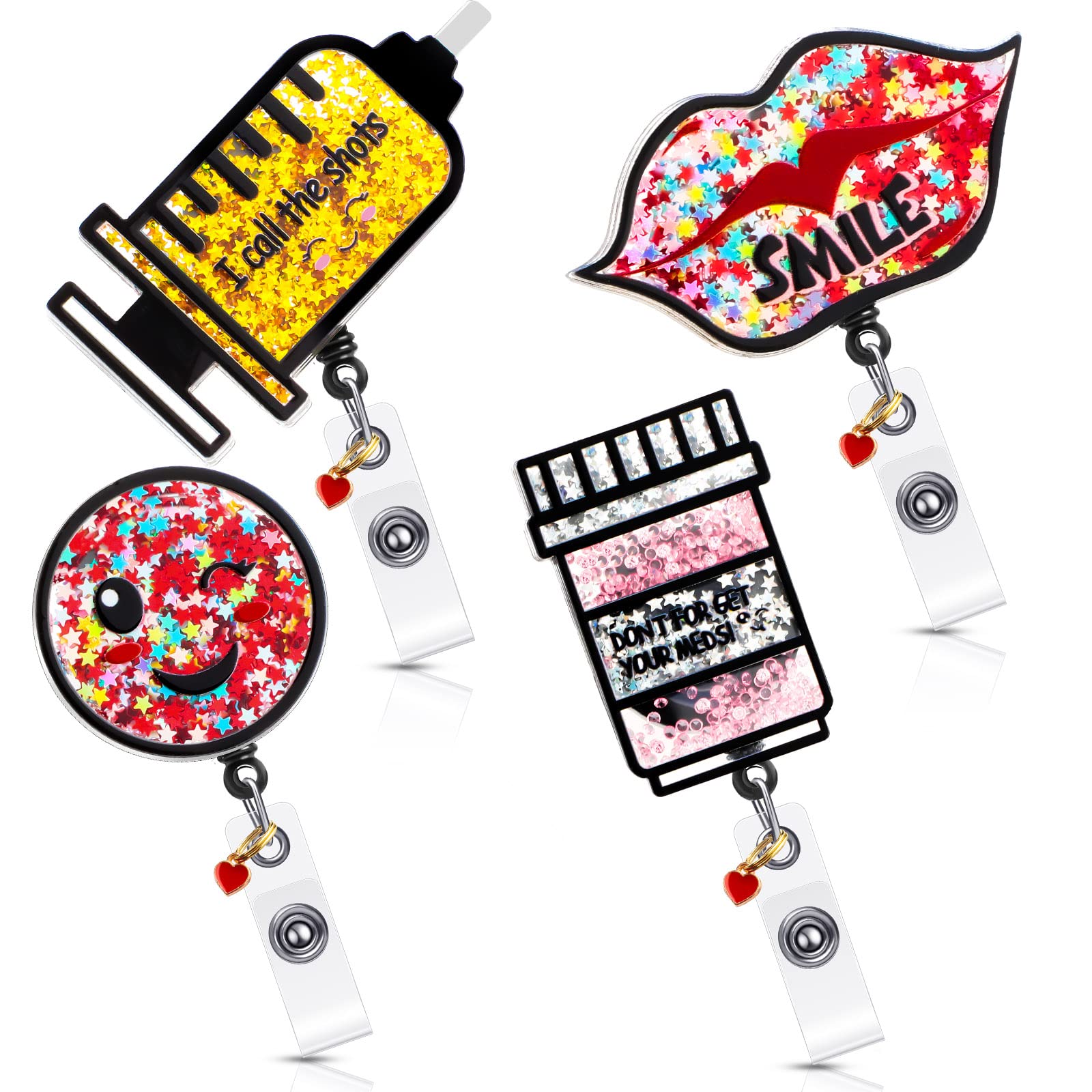 4 Pieces Nurse Retractable Badge Reel Glitter Nurse Id Badge Holder Syringe Reel Holder With Alligator Clip Retractable Cord For