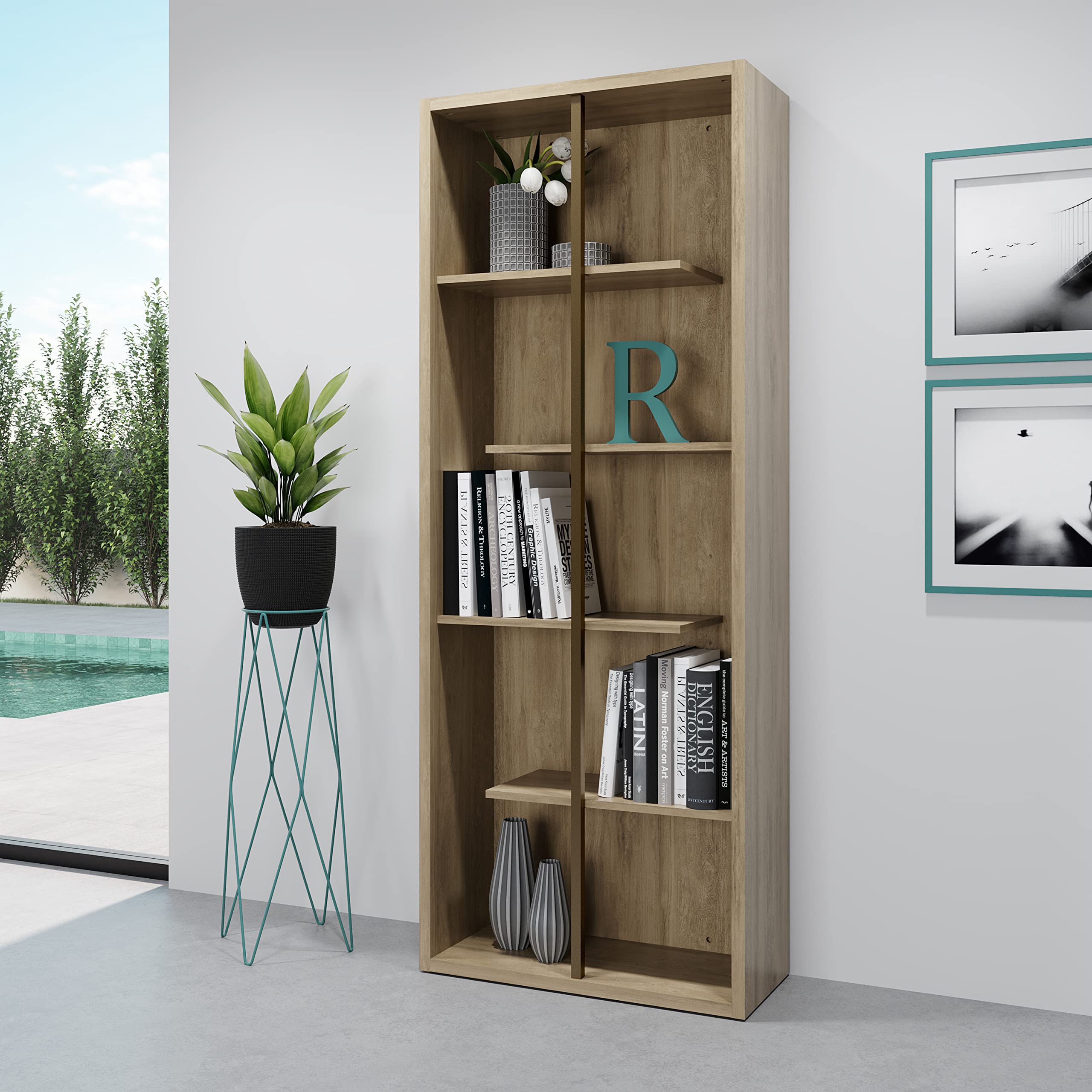Techni Mobili 5 Shelf Bookcase - Pine Vertical Standing Wood Bookshelf For Living Room, Bedroom, & Home Office - Staggered Bookcase With Asymmetrical Shelves & Heavy Duty Steel Bar Cassa Collection