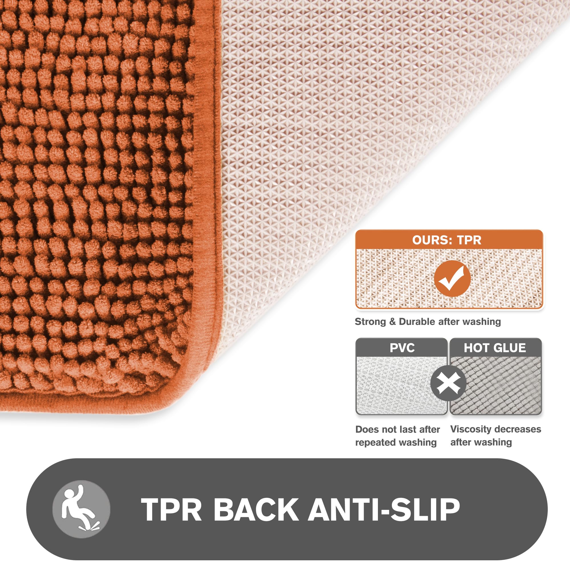 Pureswan Burnt Orange Bathroom Rugs - Absorbent And Washable Bath Mat, Non-Slip, Thick Soft Chenille Bath Rugs For Bathroom Floo