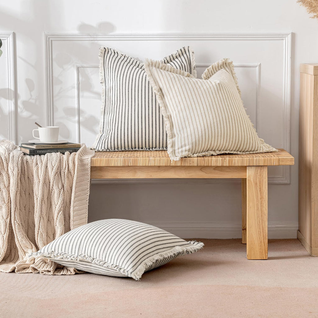 Miulee Pack Of 2 Khaki Pillow Covers 22X22 Inch Striped Farmhouse Couch Throw Pillow Covers With Fringe Chic Linen Decorative Cushion Covers For Sofa Living Room Bed Home Decor
