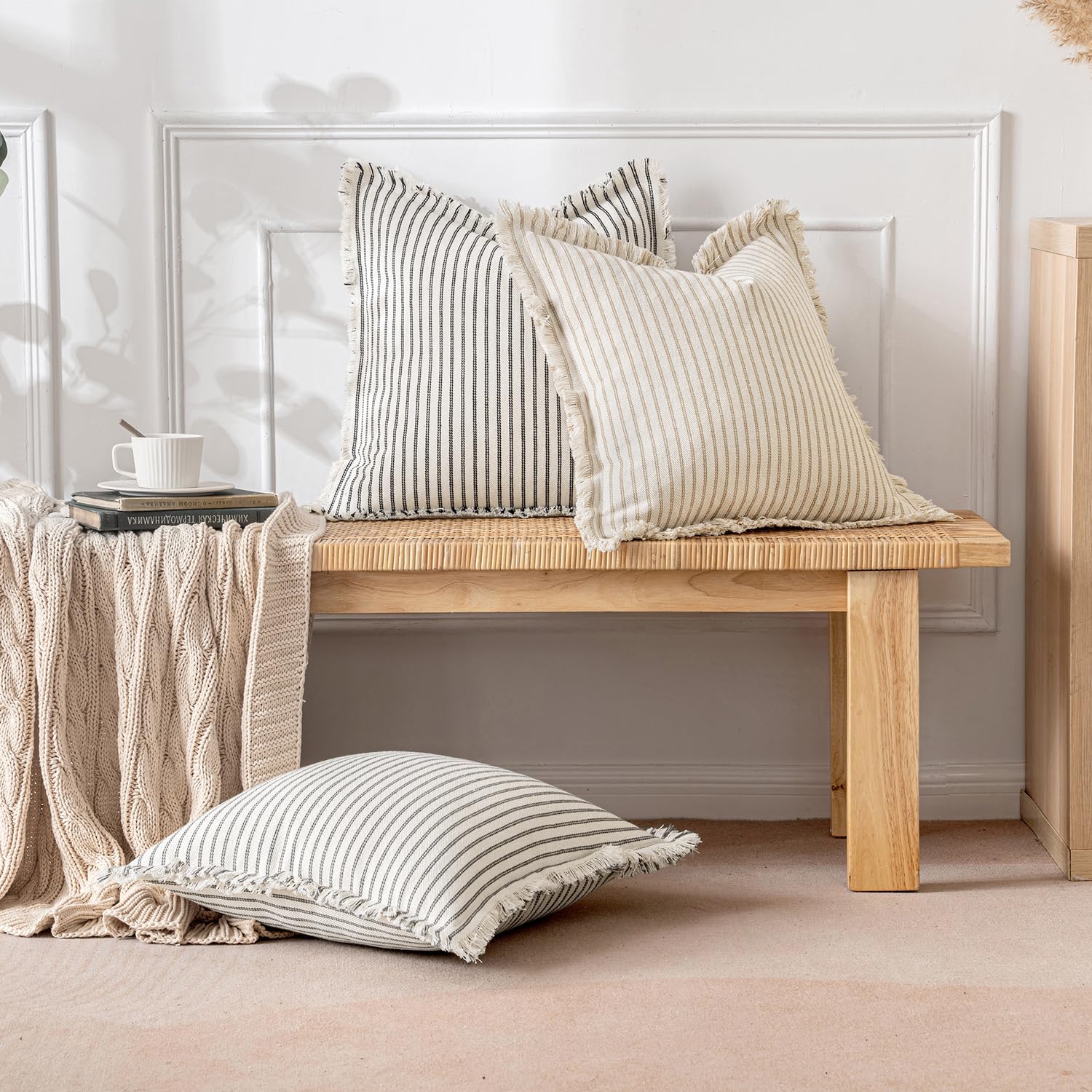 Miulee Pack Of 2 Khaki Pillow Covers 22X22 Inch Striped Farmhouse Couch Throw Pillow Covers With Fringe Chic Linen Decorative Cushion Covers For Sofa Living Room Bed Home Decor
