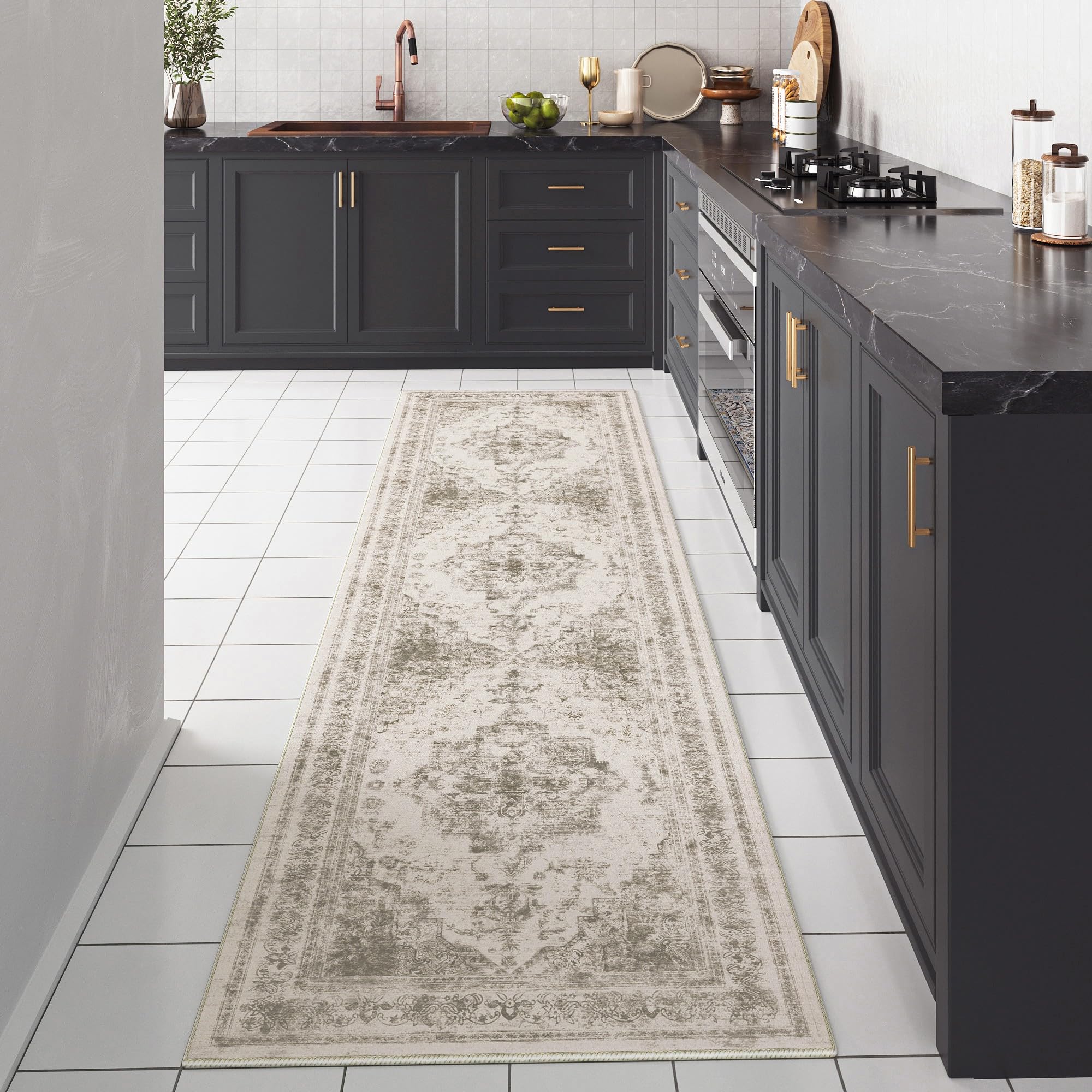 PureCozy Runner Rug 2x8 Vintage Hallway Area Rug Indoor Bedroom Rug Taupe Medallion Washable Living Room Carpet Retro Accent Thr