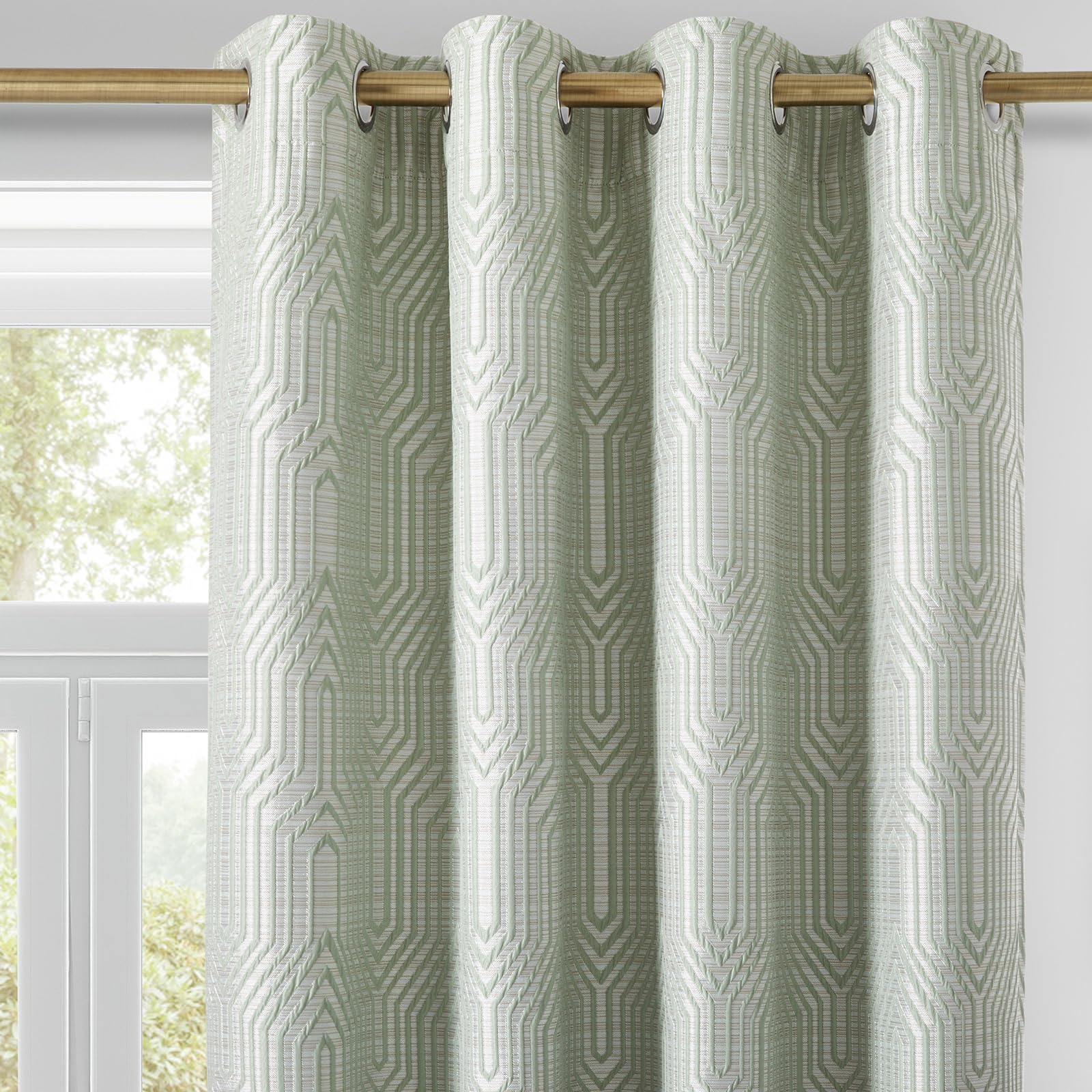 Mint Green And Silvery 100% Blackout Jacquard Geometric Pattern Curtains,52 Inch Wide 120 Inch Length 2 Panels, Thermal Insulate