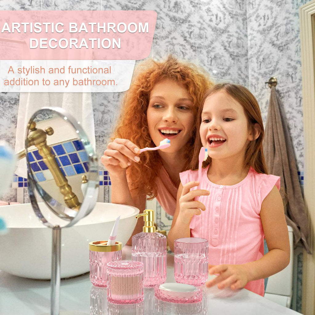 Newest Pink Bathroom Accessories Set - 5 Pcs Glass Bathroom Decor With Soap Dispenser & Soap Dish & Toothbrush Holder & Tumbler
