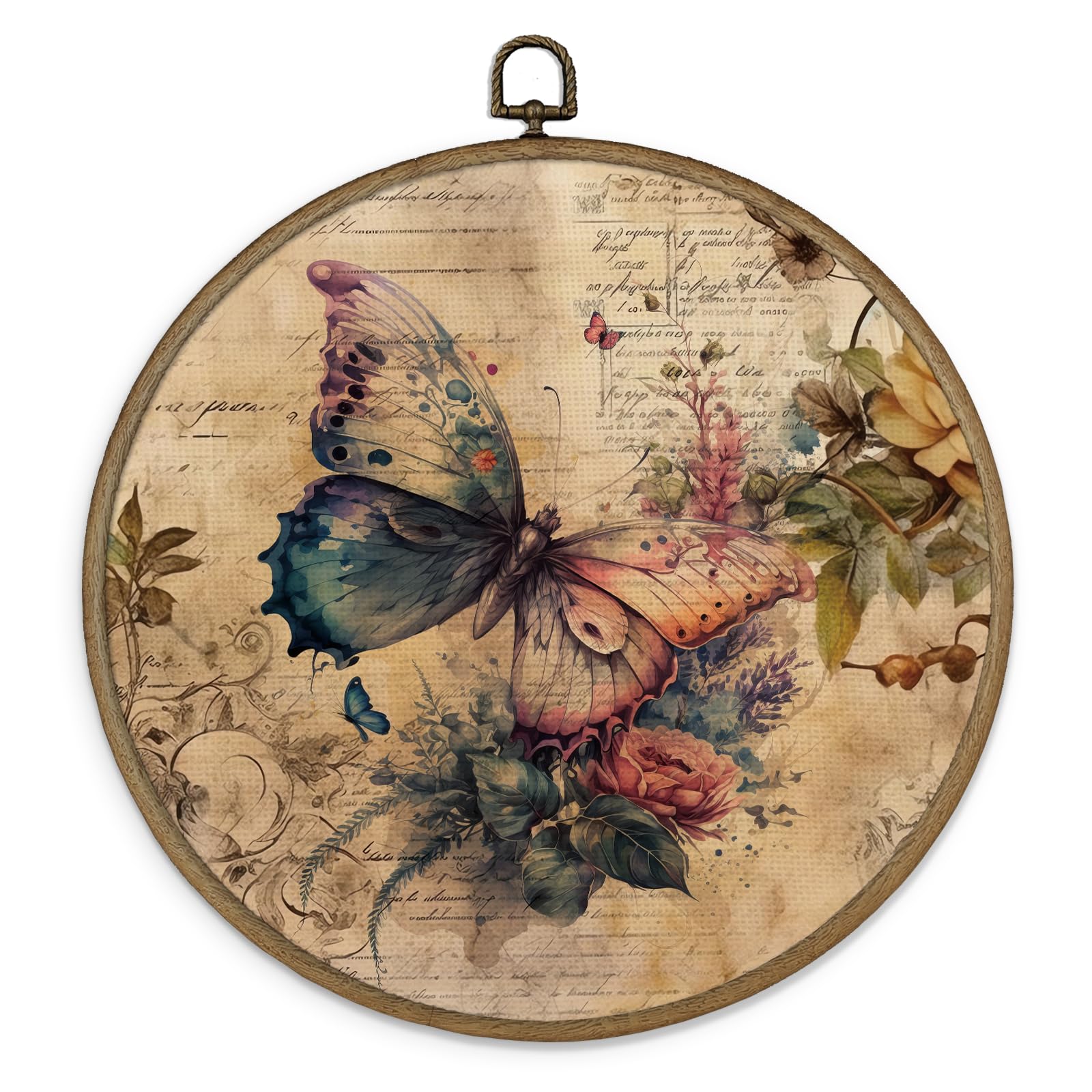 MAQIKA Vintage Butterfly Flower Framed Wall Art Decor, Butterfly Wall Art, Retro Botanical Round Wall Hanging Decor, Butterfly C