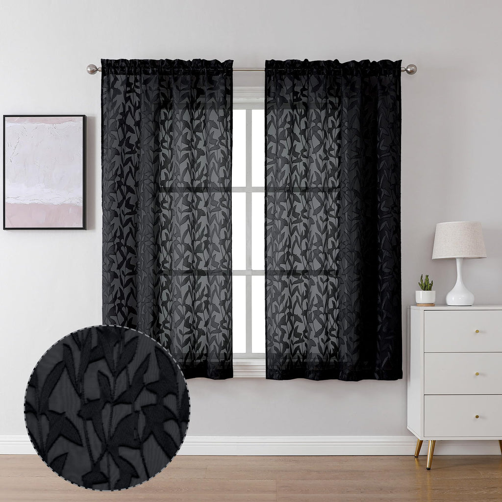 Lecloud Leia 2 Panels Sheer Black Curtains For Living Room 54 Inch Length, Light Reducing Jacquard Textured Leaf Voile Bedroom C