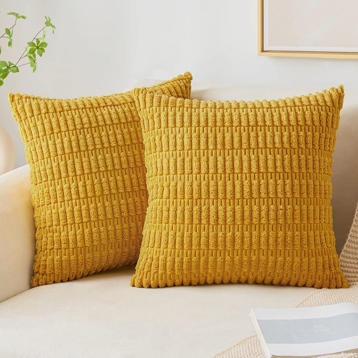 Miulee Pack Of 2 Mustard Yellow Corduroy Decorative Throw Pillow Covers 18X18 Inch Soft Boho Striped Pillow Covers Modern Farmho
