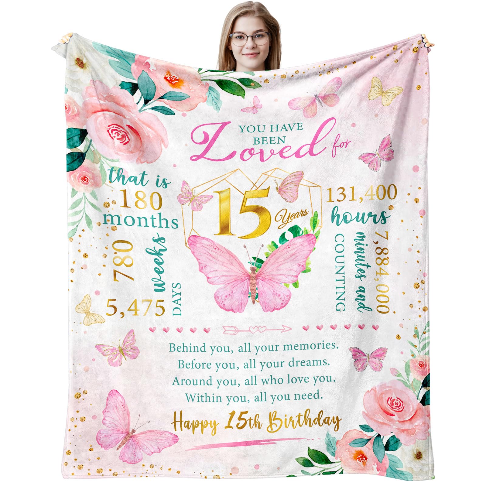 Birthday Gifts For 15 Year Old Girl Throw Blanket 60'X50', Quinceanera Gifts For Girl, 15Th Birthday Gift Ideas For Teen Girls