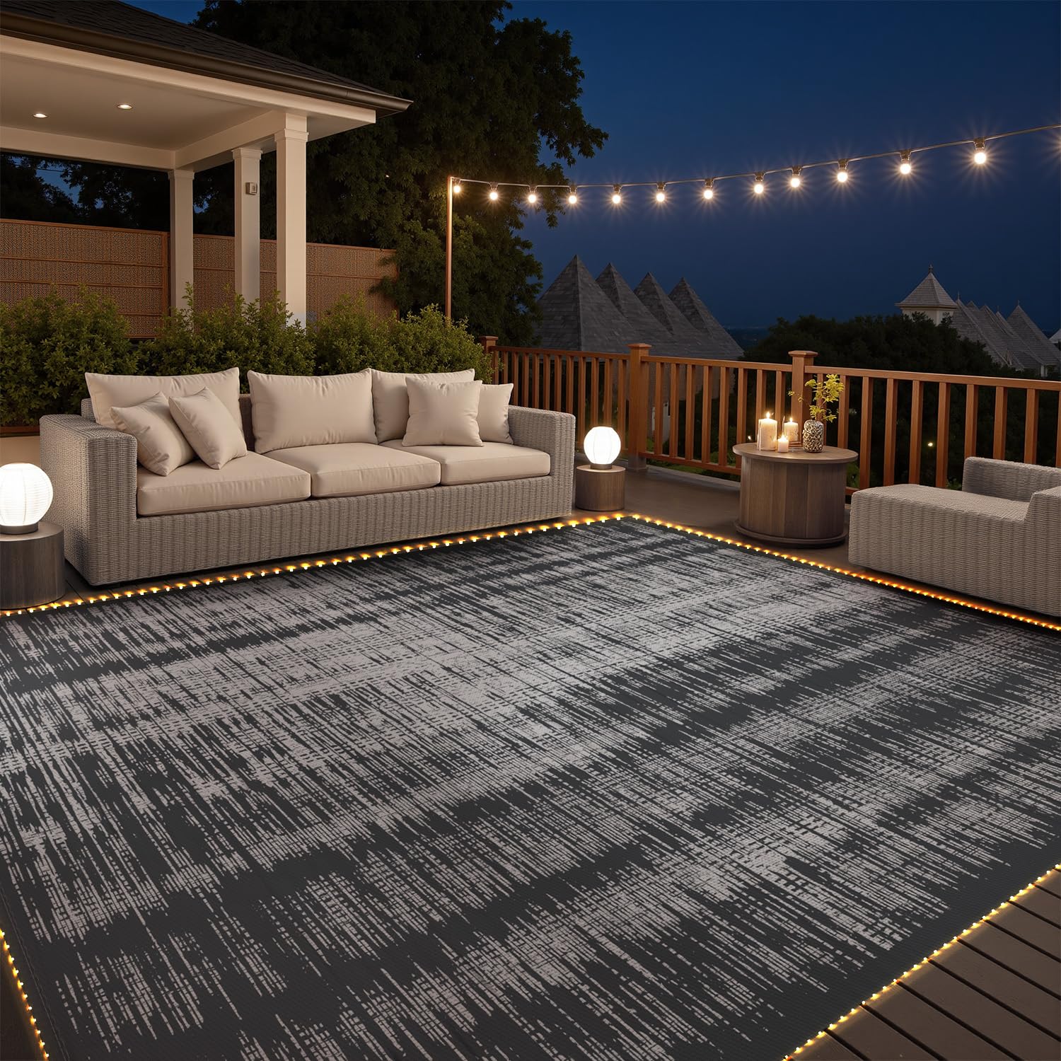 Montvoo Outdoor Rug Waterproof 8X10 Ft With Strip Lights Outdoor Patio Rug Mat Reversible Plastic Straw Rug Outside Outdoor Rug