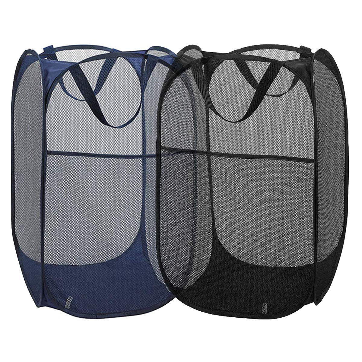 2 Packs Mesh Pop up Laundry Hamper (Black/ Navy Blue) with Portable, Durable Handles, Collapsible for Storage, Folding Pop-Up Cl