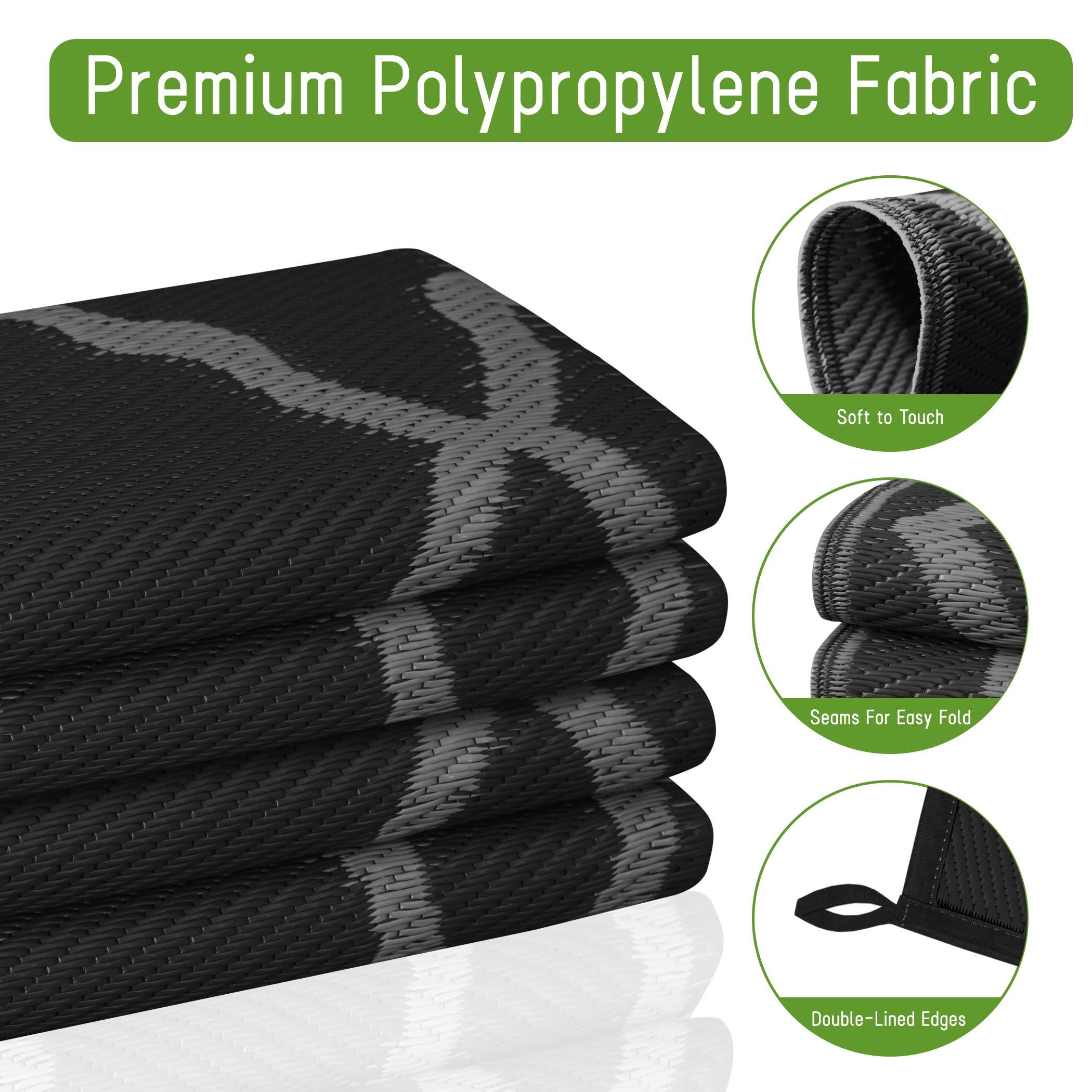 Easy-Going Reversible Outdoor Rugs 5X8Ft Waterproof Plastic Straw Rug Stain & Uv Resistant Floor Mat For Patio Porch Rv Backyard Pool Deck Picnic Beach Trailer Camping (Moroccan Black & Grey)