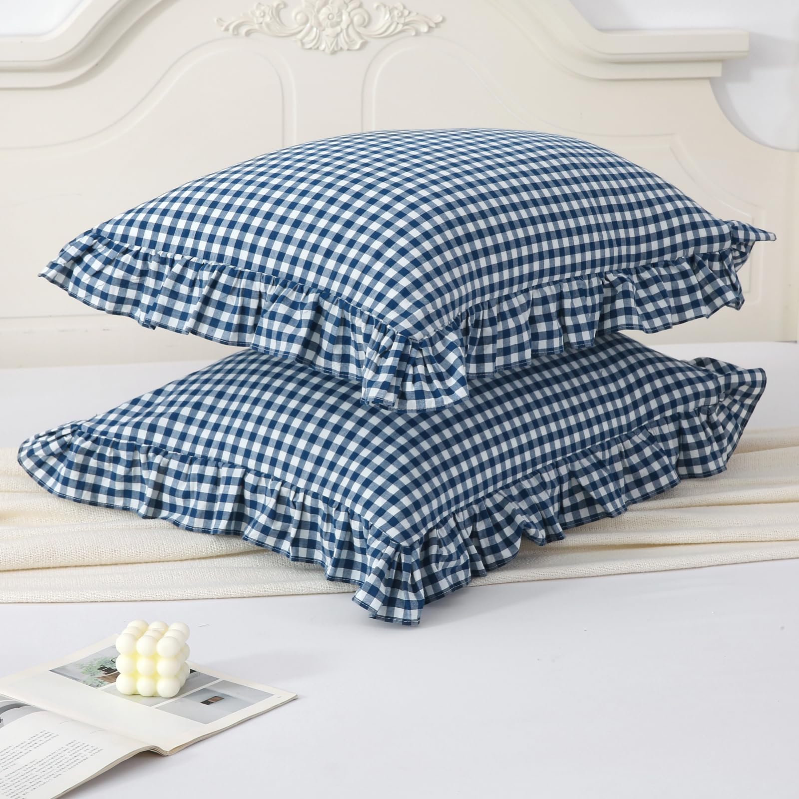 Navy Blue/White Plaid Pillow Shams Standard Size Set Of 2,Shabby Checkered Ruffle Pillow Cover Washed Cotton Pillowcases 20''X26