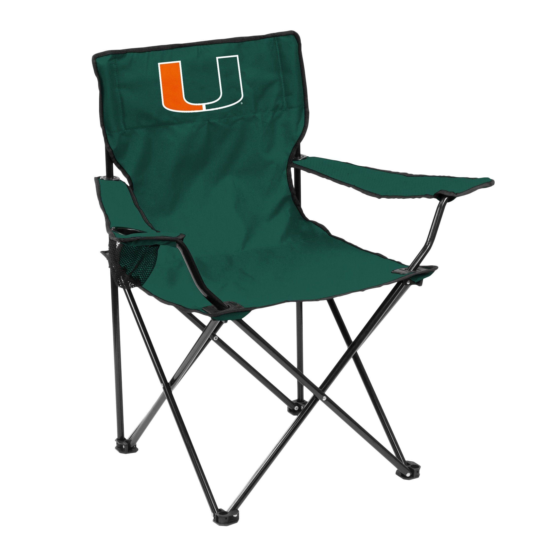 Logo Brands NCAA Miami Hurricanes Portable Quad Chair - Powder-Coated Steel Folding Tailgate Chair with Armrests, Built-In Cup -