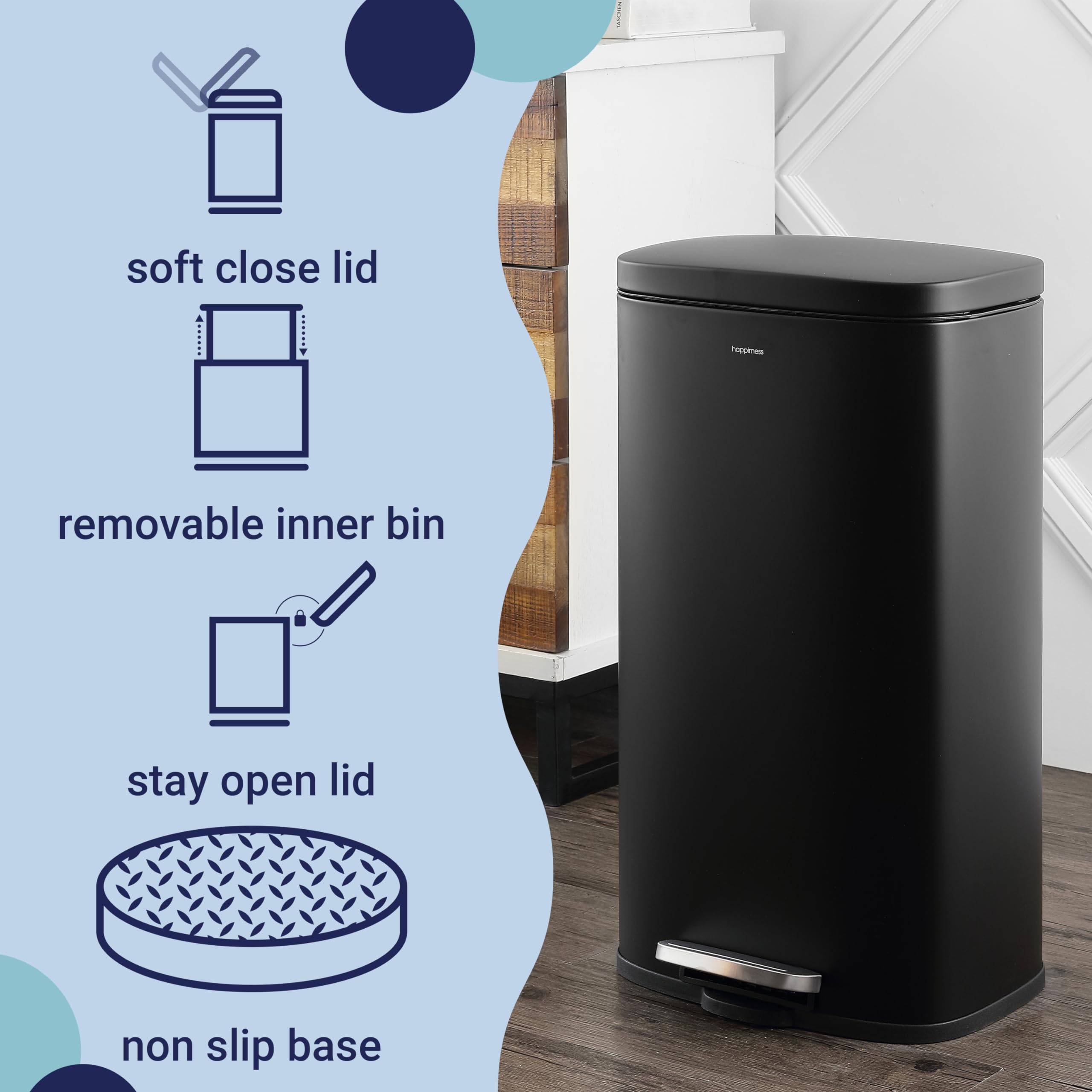 Happimess Hpm1011B Curtis 8-Gallon Step-Open Trash Can With Soft-Close Lid, Modern, Minimalistic, Fingerprint Proof For Home, Ki