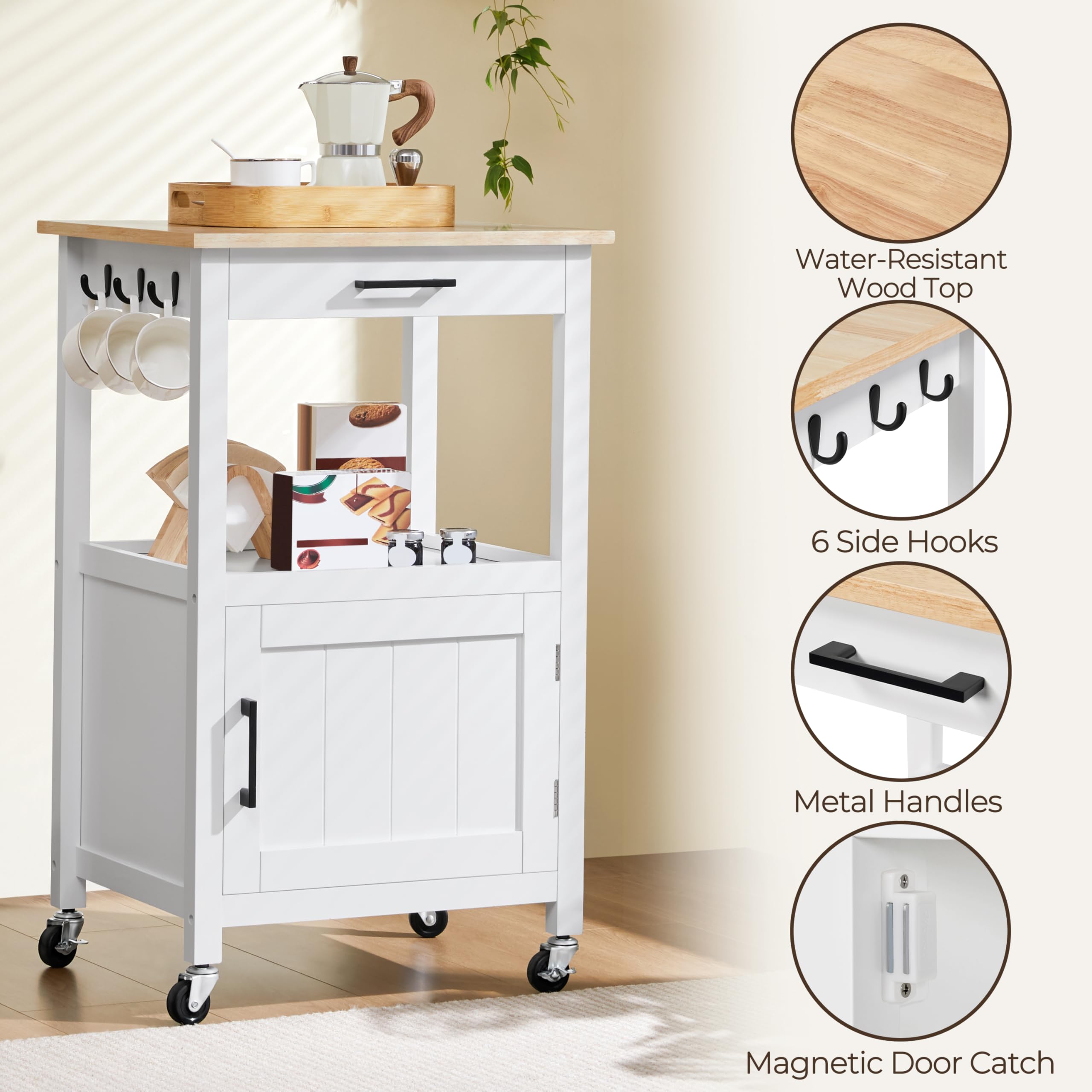 Yaheetech Rolling Kitchen Island With Single Door Cabinet, Kitchen Cart With Drawer On Swivel Wheels, Small Coffee Cart Microwave Stand With 3 Side Hooks For Dining Room, White