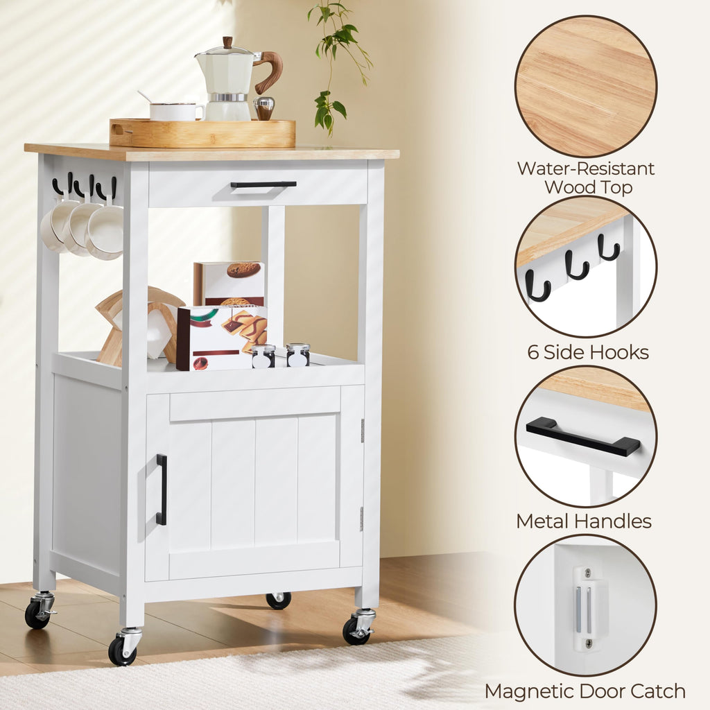 Yaheetech Rolling Kitchen Island With Single Door Cabinet, Kitchen Cart With Drawer On Swivel Wheels, Small Coffee Cart Microwave Stand With 3 Side Hooks For Dining Room, White