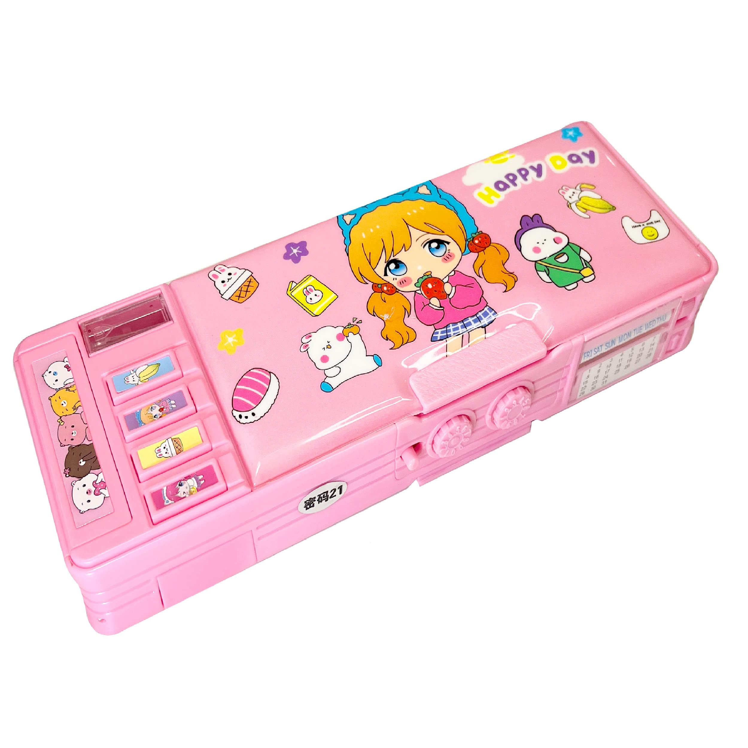 Pop Up Multifunction Pencil Case For Girls And Boys, Cute Cartoon Pen Box Organizer Stationery With Lock, Sharpener, Schedule, W