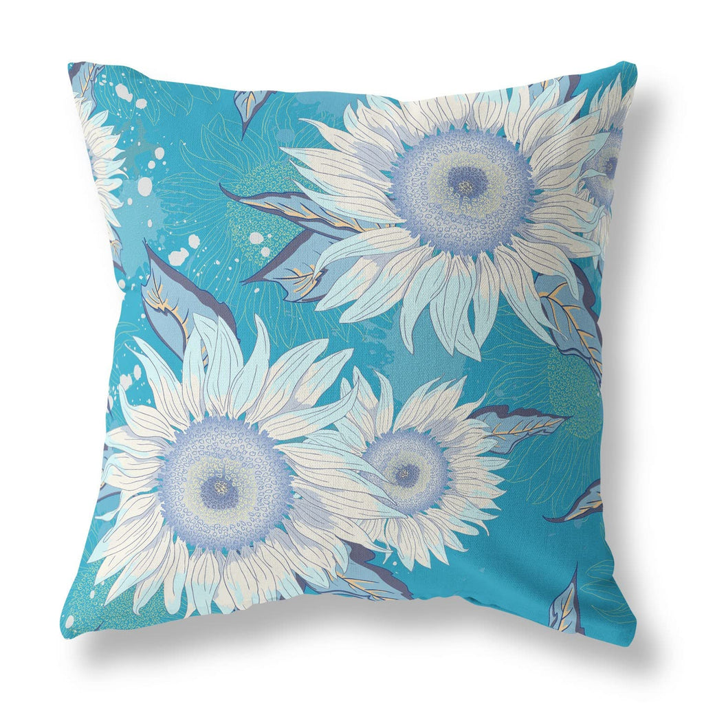 HomeRoots 18' X 18' Blue Aqua and White Broadcloth Floral Throw Pillow