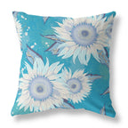 HomeRoots 18' X 18' Blue Aqua and White Broadcloth Floral Throw Pillow