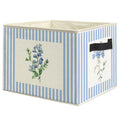 WARDOS Blue Striped Floral Storage Bin Box with Handles, Rustic Blue Flower Botanical Foldable Linen Fabric Laundry Basket for H