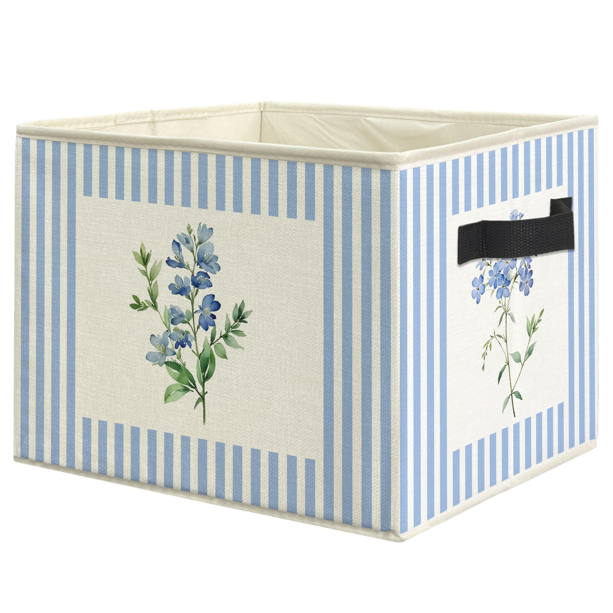 WARDOS Blue Striped Floral Storage Bin Box with Handles, Rustic Blue Flower Botanical Foldable Linen Fabric Laundry Basket for H