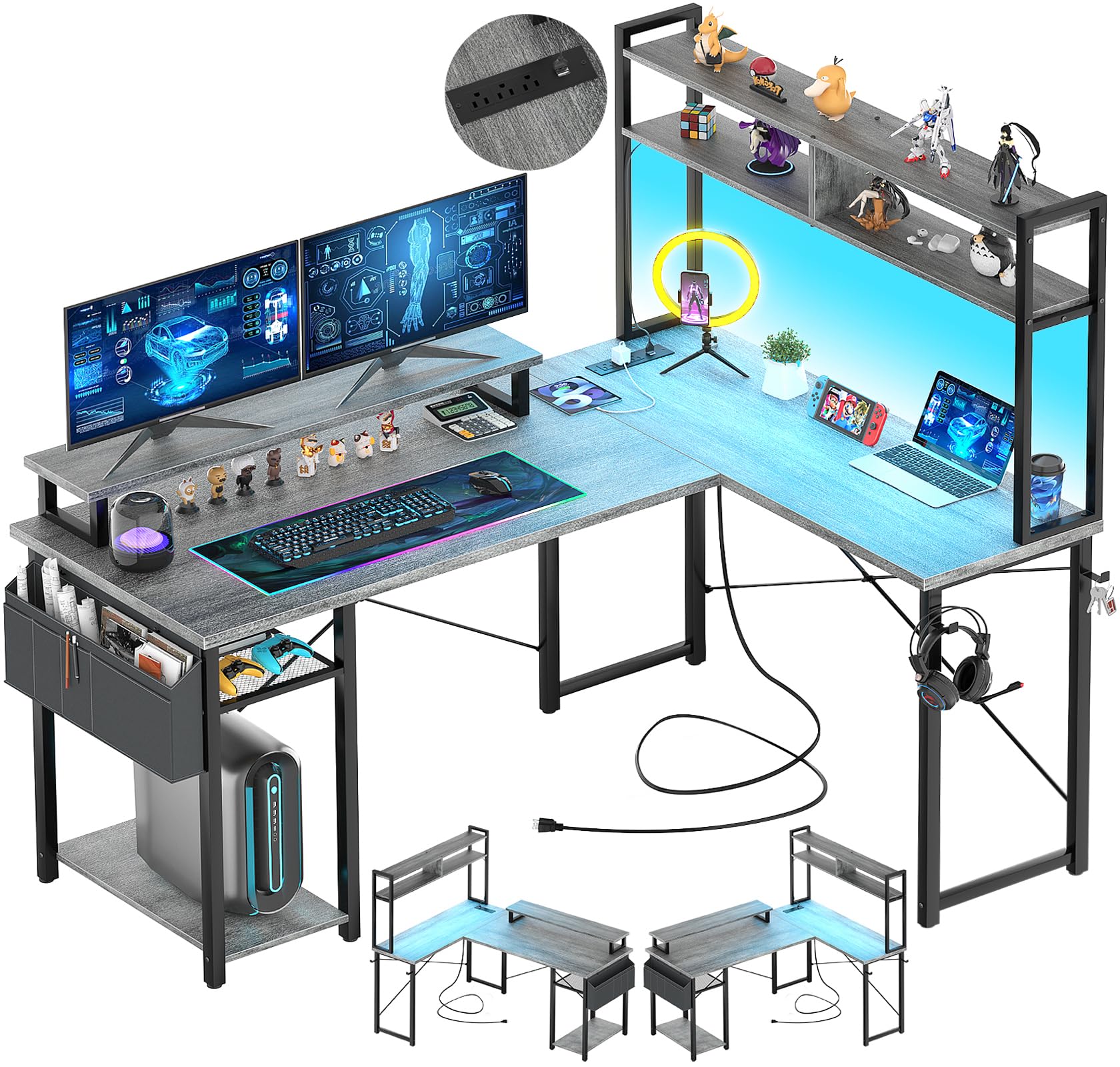 Aheaplus Small L Shaped Gaming Desk with LED Lights & Power Outlets, Reversible L-Shaped Computer Desk with Monitor Stand & Stor