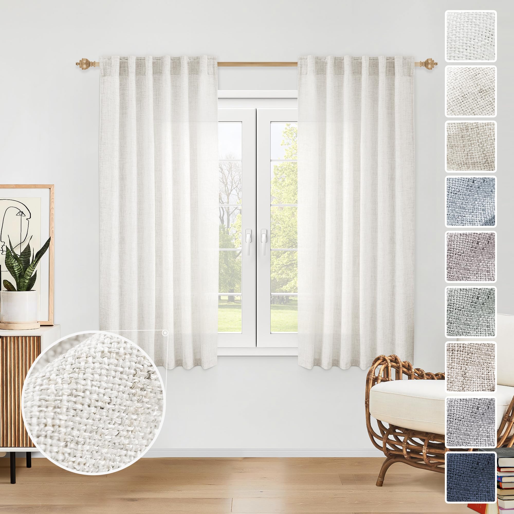 MEETBILY Ivory Kitchen Curtains 45 Inch Length 2 Panels Rod Pocket Back Tab Light Filtering Semi Sheer Cafe Curtains Tiers Short