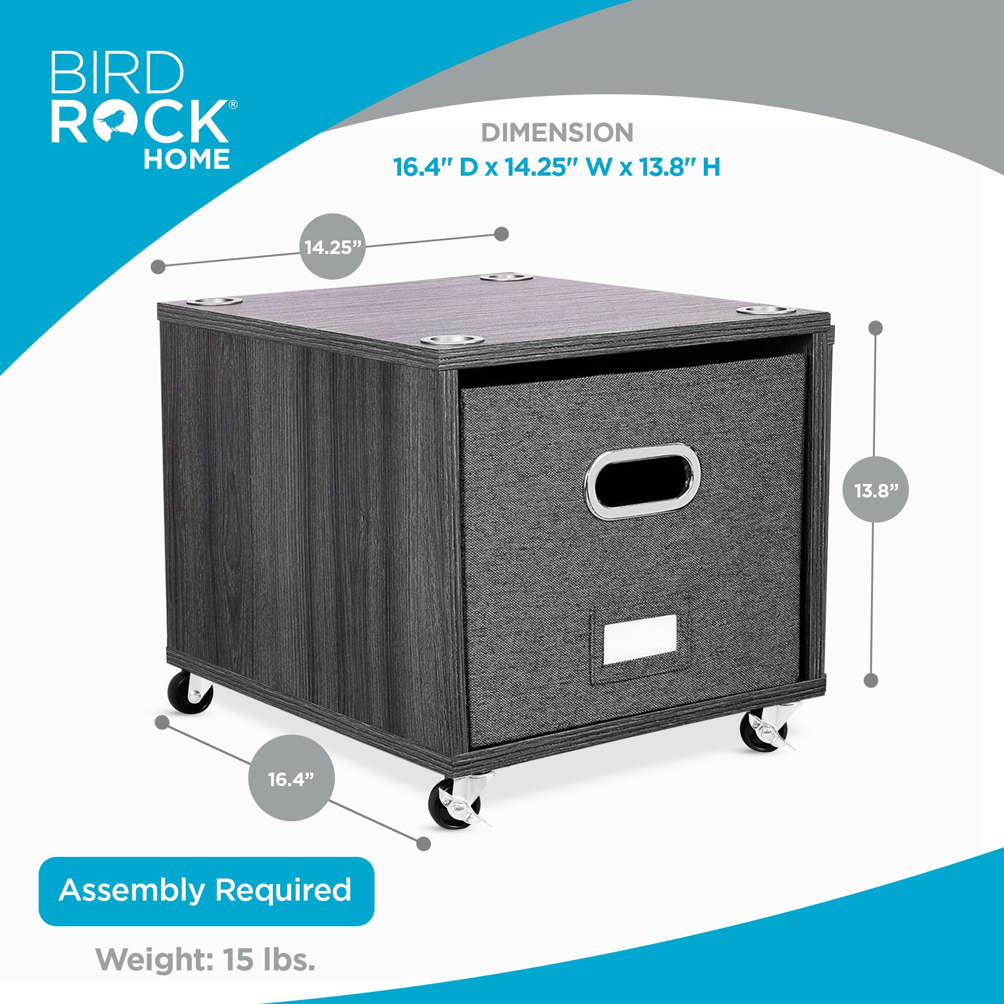 Birdrock Home Rolling File Cabinet – Decorative Storage Shelf W/Removable Bins, Handles, And Wheels – Organize Files, Books, Toys, Under Desk Office Solution, Modern Design - 2 Lateral Drawers, Gray