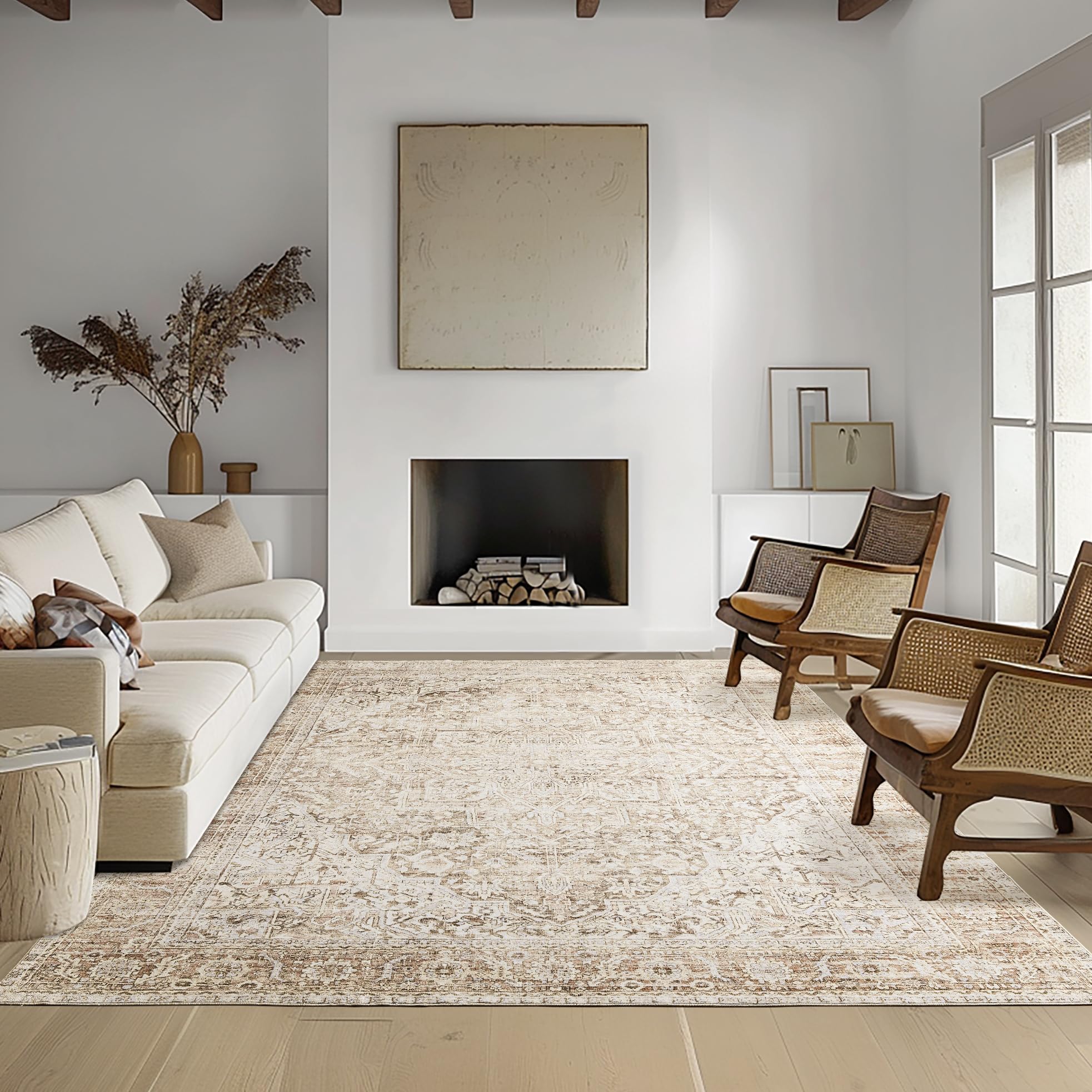 BILEEHOME Tan Area Rug 6x9 for Living Room,Washable Stain Resistant Rustic Country Farmhouse Rugs for Dining Room Table,Sand Bei