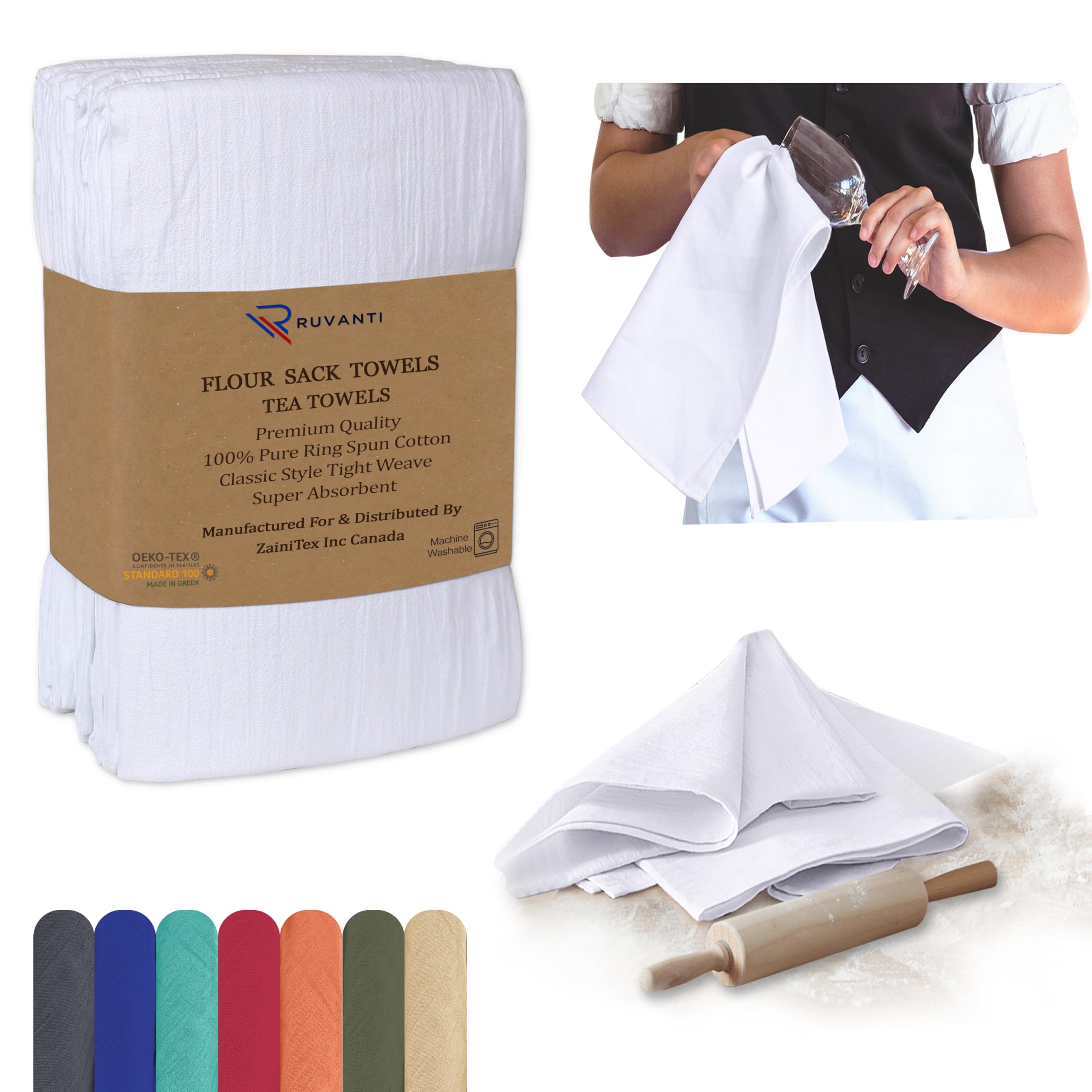 RUVANTI Flour Sack Towels 12 Pack 28 x 28 Inches, Ring Spun 100% Cotton Flour Sack Dish Towels, Machine Washable, Absorbent Tea 