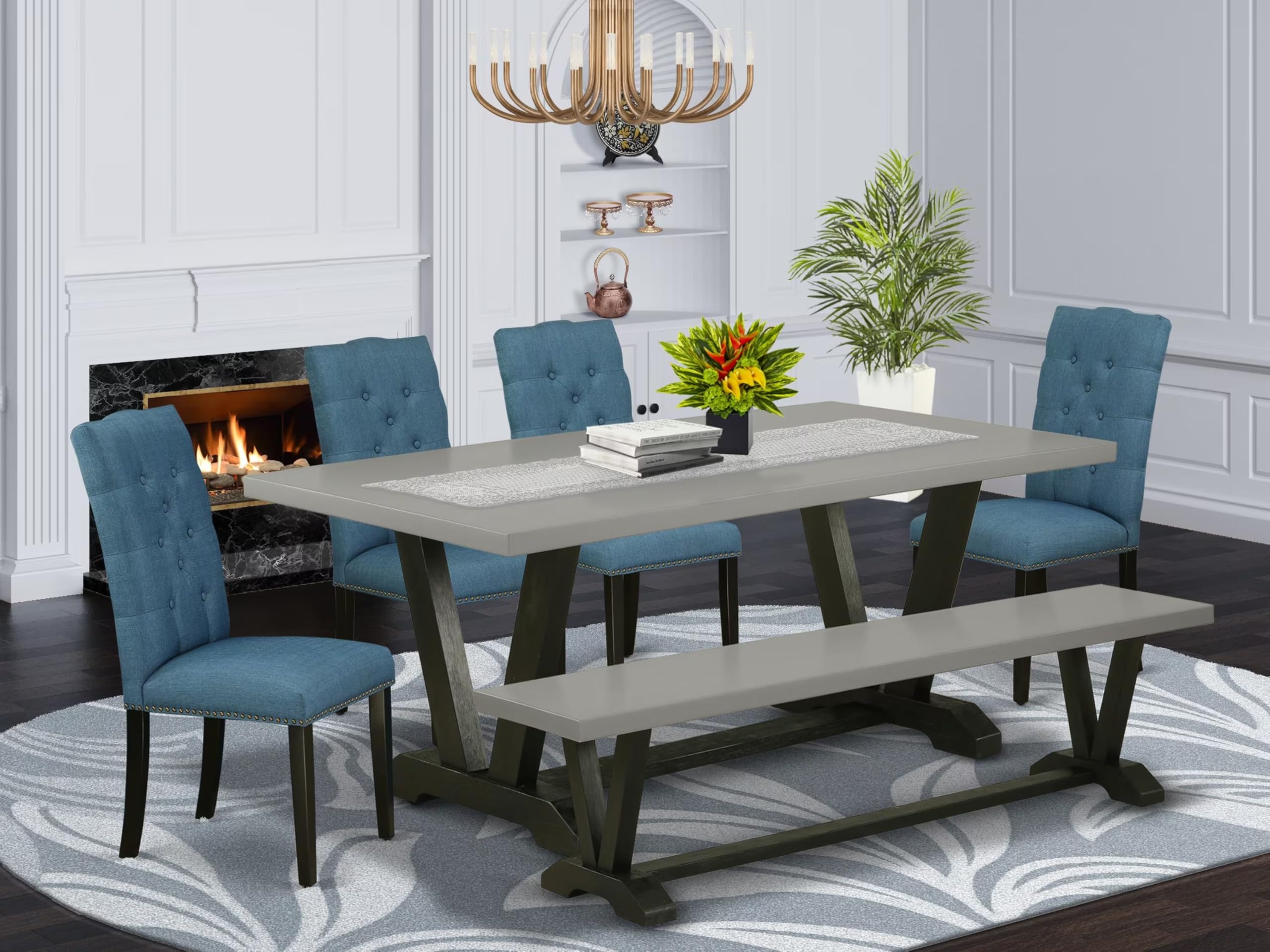 East West Furniture V697EL121-6 6 Piece Kitchen Table Set Contains a Rectangle Dining Table with V-Legs and 4 Blue Linen Fabric Parson Chairs with a Bench, 40x72 Inch, Multi-Color