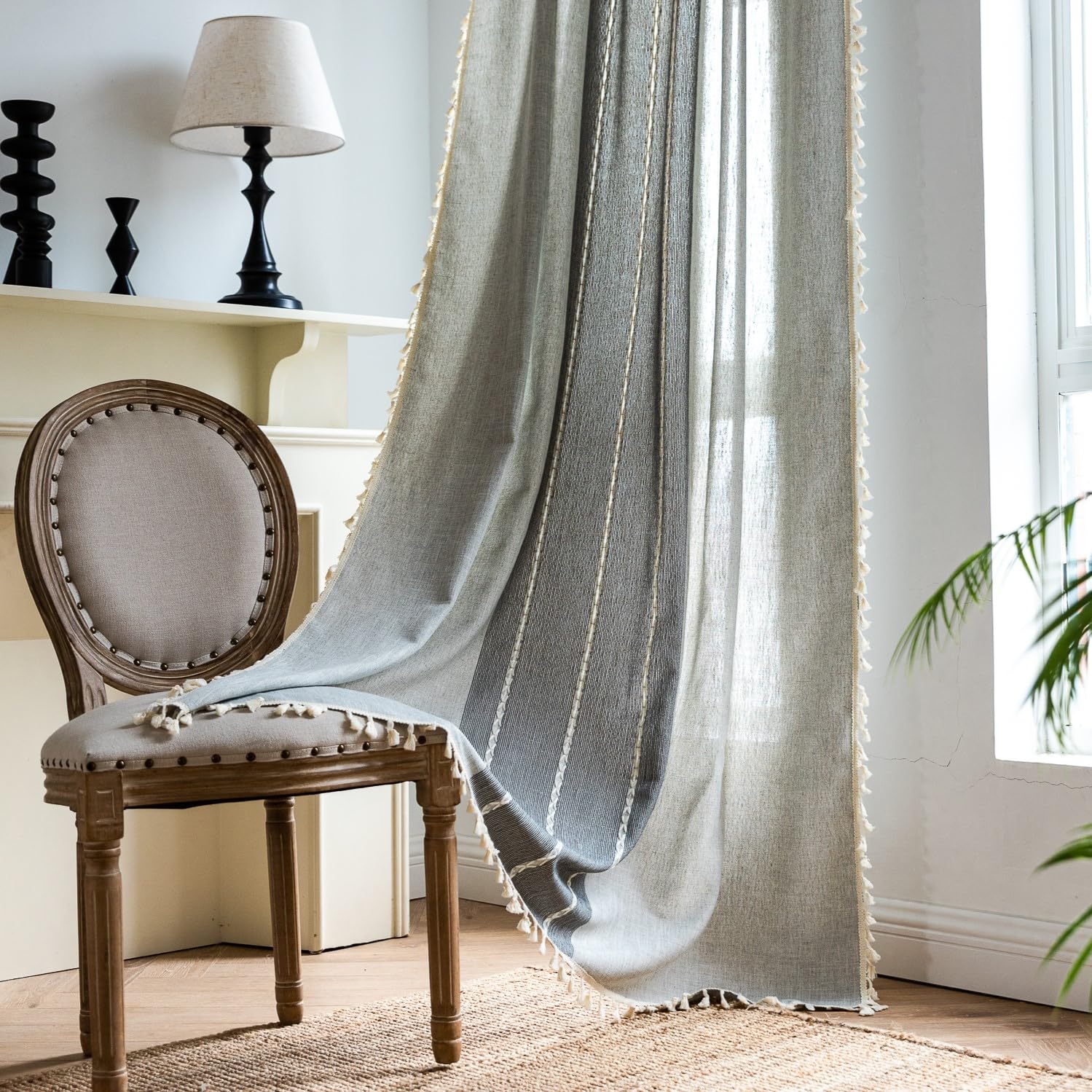 Sutuo Home Boho Curtains 72 Inch Long For Bedroom Living Room, Semi Blackout Linen Farmhouse Chic Tassels Window Treatment Bohemian Embroidery Drape, Rod Pocket 1 Panel 52' W X 72' L, Gray Linen
