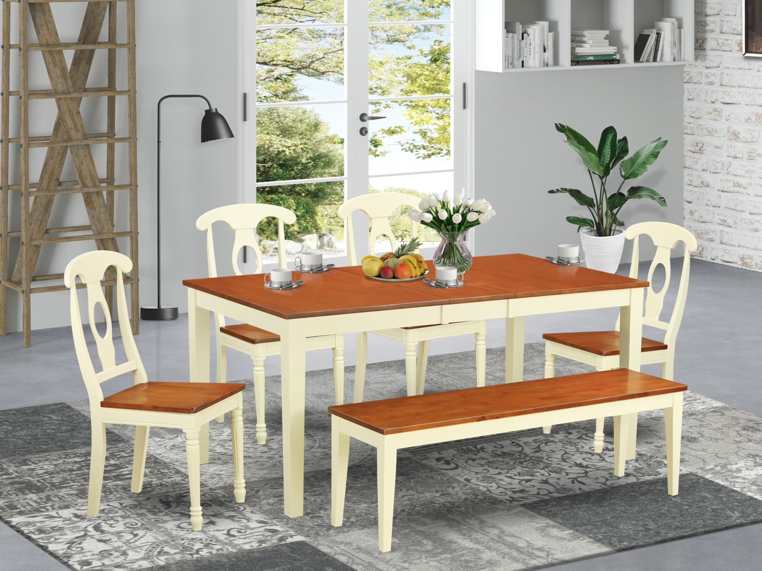 East West Furniture NIKE6-WHI-W 6 Piece Kitchen Set Contains a Rectangle Table with Butterfly Leaf and 4 Dining Room Chairs with a Bench, 36x66 Inch, Buttermilk & Cherry