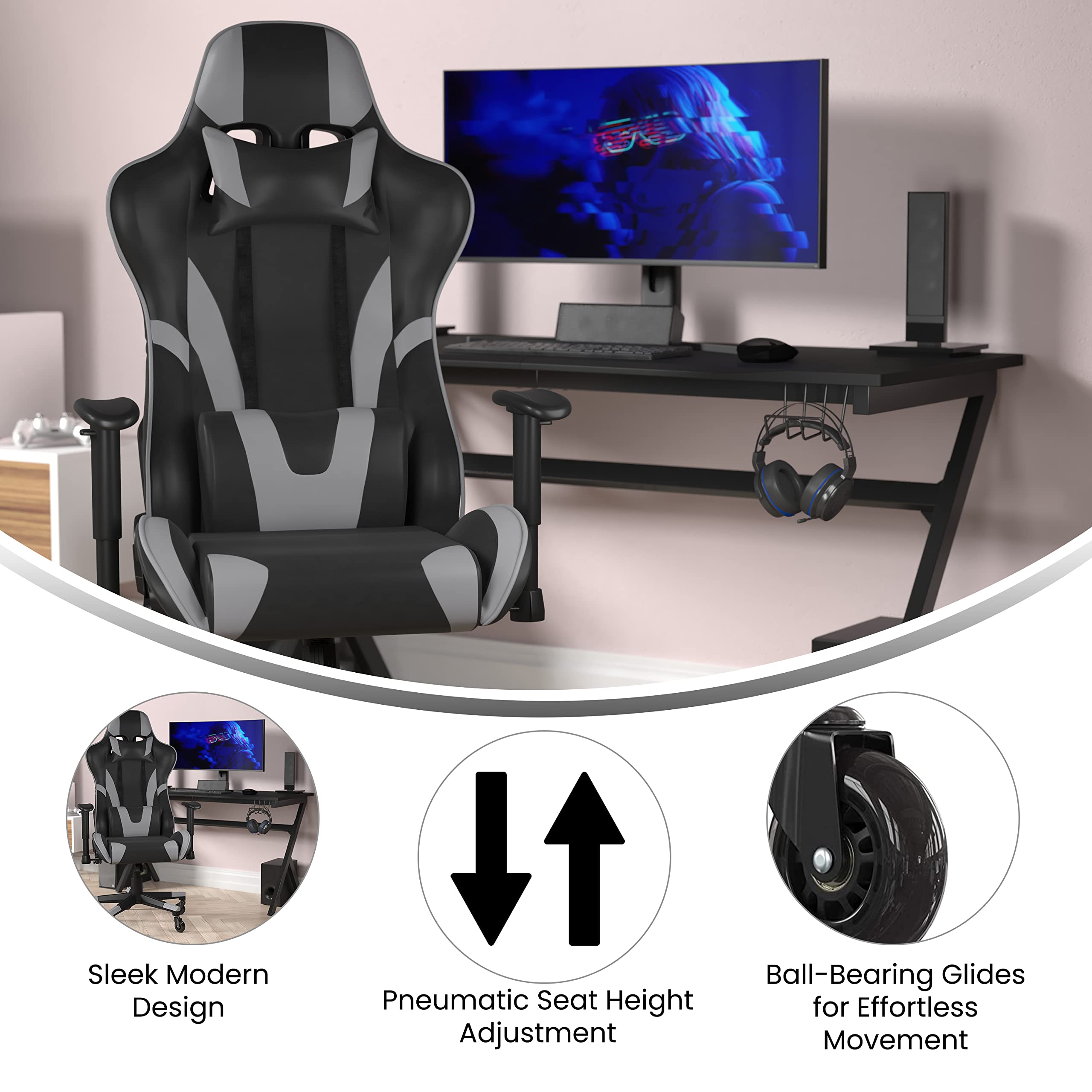 Flash Furniture X20 Gaming Chair Racing Office Computer Pc Adjustable Chair - Gray Leathersoft Upholstery - Reclining Back - Roller Wheels