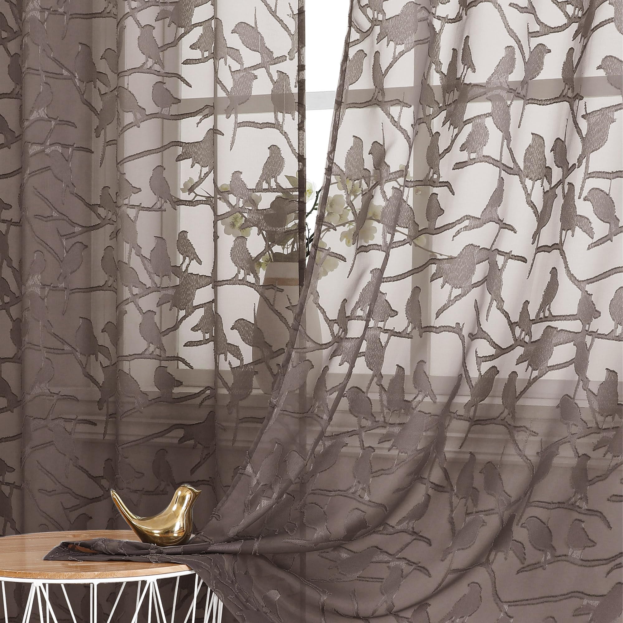 Ovzme Anji Brown Sheer Curtains 96 Inches Length 2 Panels Set For Living Room Bedroom, Burnout Clip Sheer Curtain Window Curtain