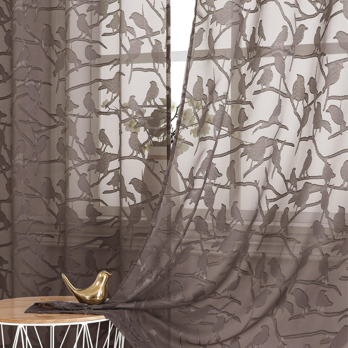Ovzme Textured Brown Sheer Curtains 84 Inch Length 2 Panels Set For Living Room, Anji Bird Semi Voile Balance Privacy & Light Ro
