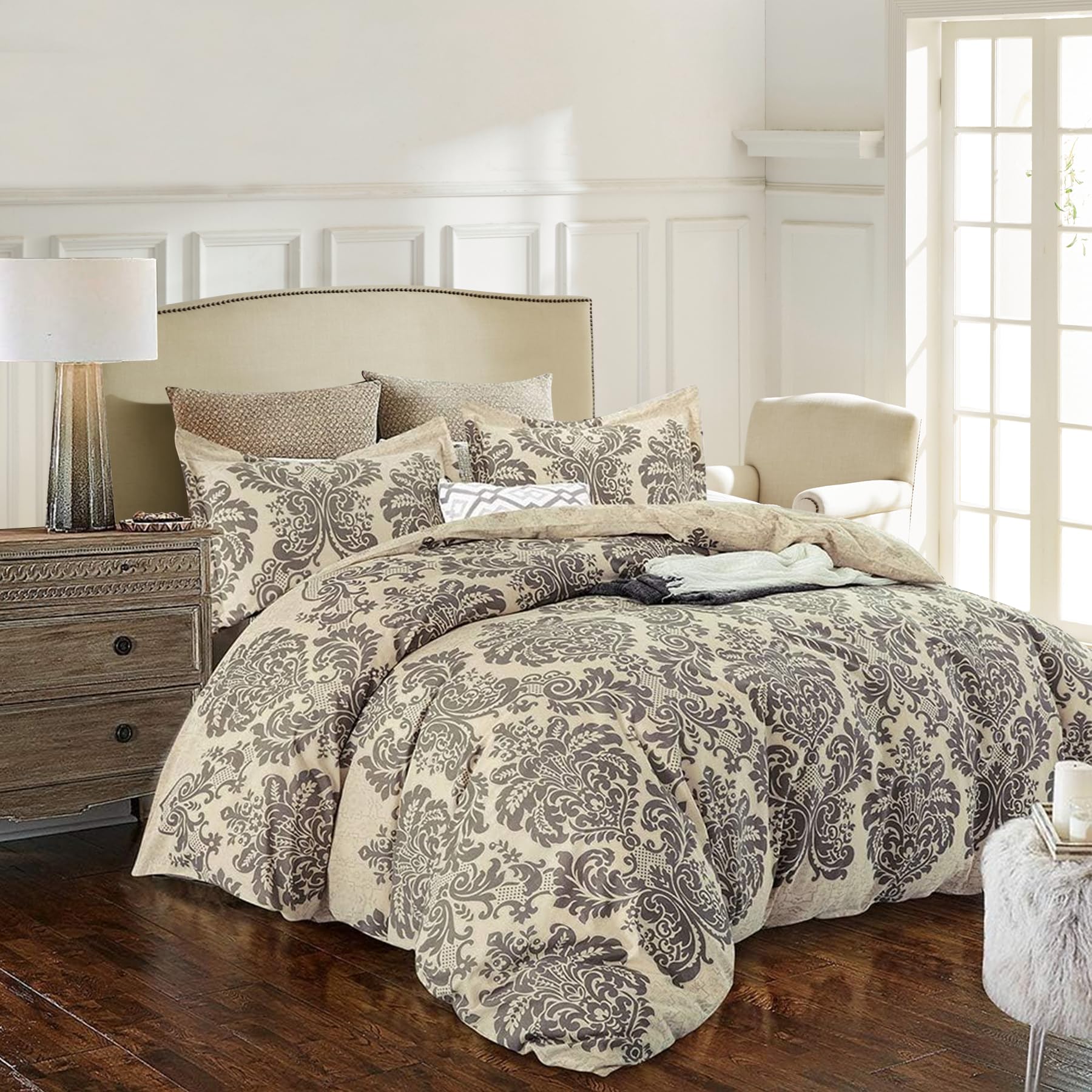 Jucfhy Duvet Cover Queen,600 Thread Count Cotton 3Pcs Queen Duvet Cover Set Paisley Printed Pattern On Khaki,Reversible With Zip