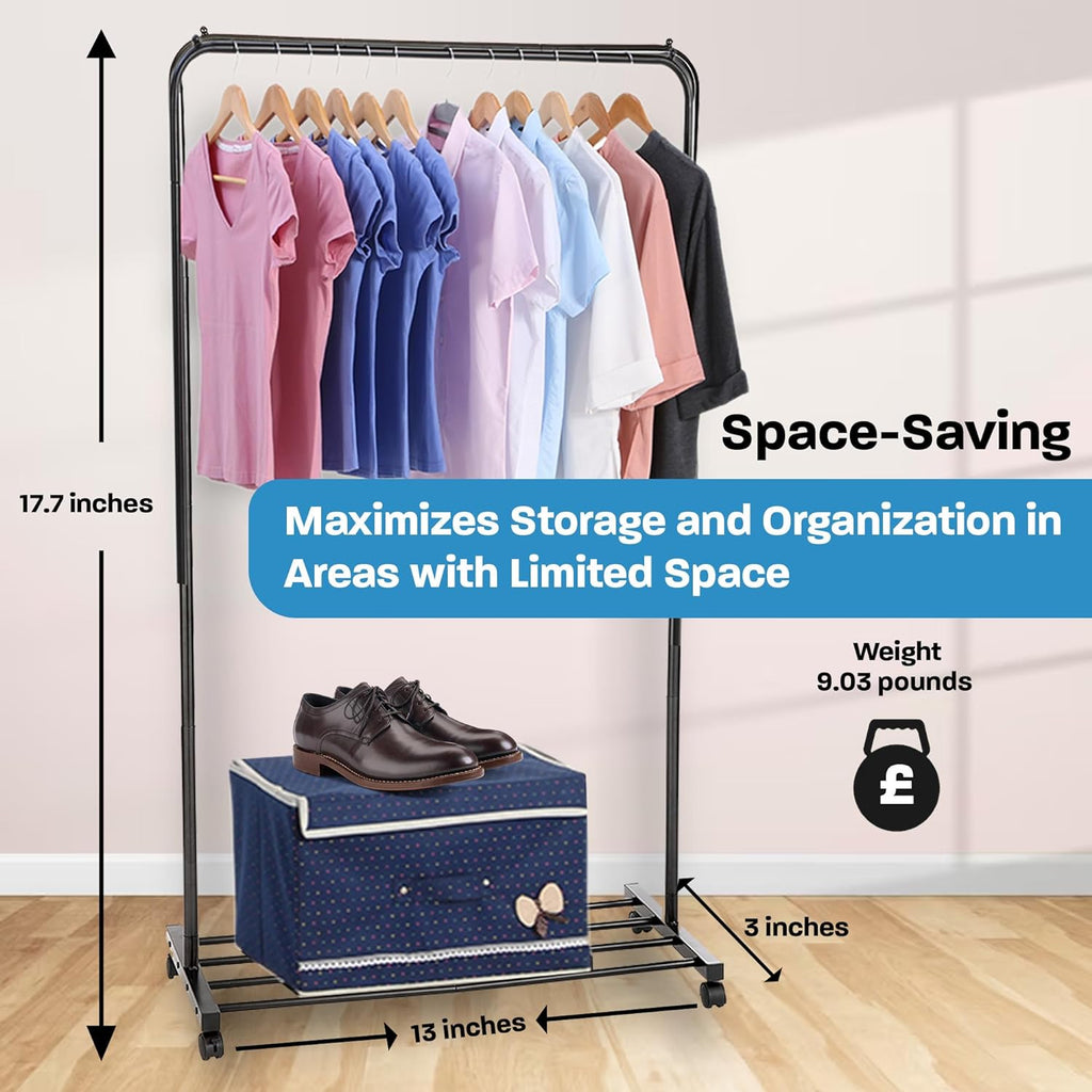 Heavy Duty Rolling Garment Rack with Adjustable 5-Tier Shoe Storage, Black