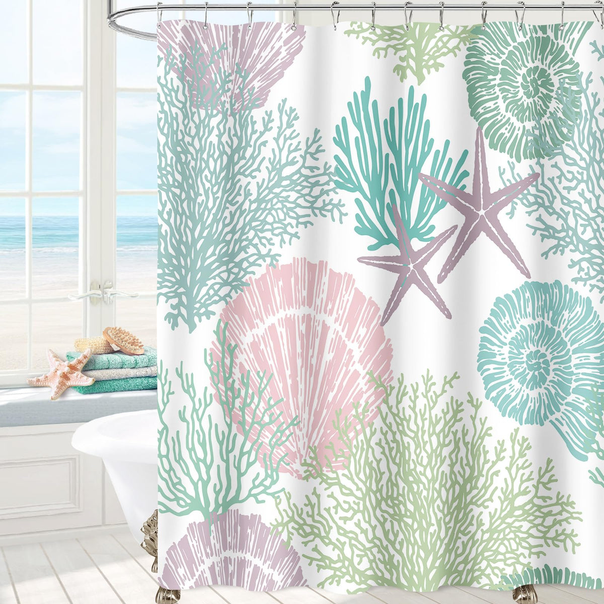 Mayzus Extra Long Shower Curtain 72 X 84 Inch,Tall Pink Green Nautical Coastal Fabric Shower Curtain, Summer Tropical Seashell S